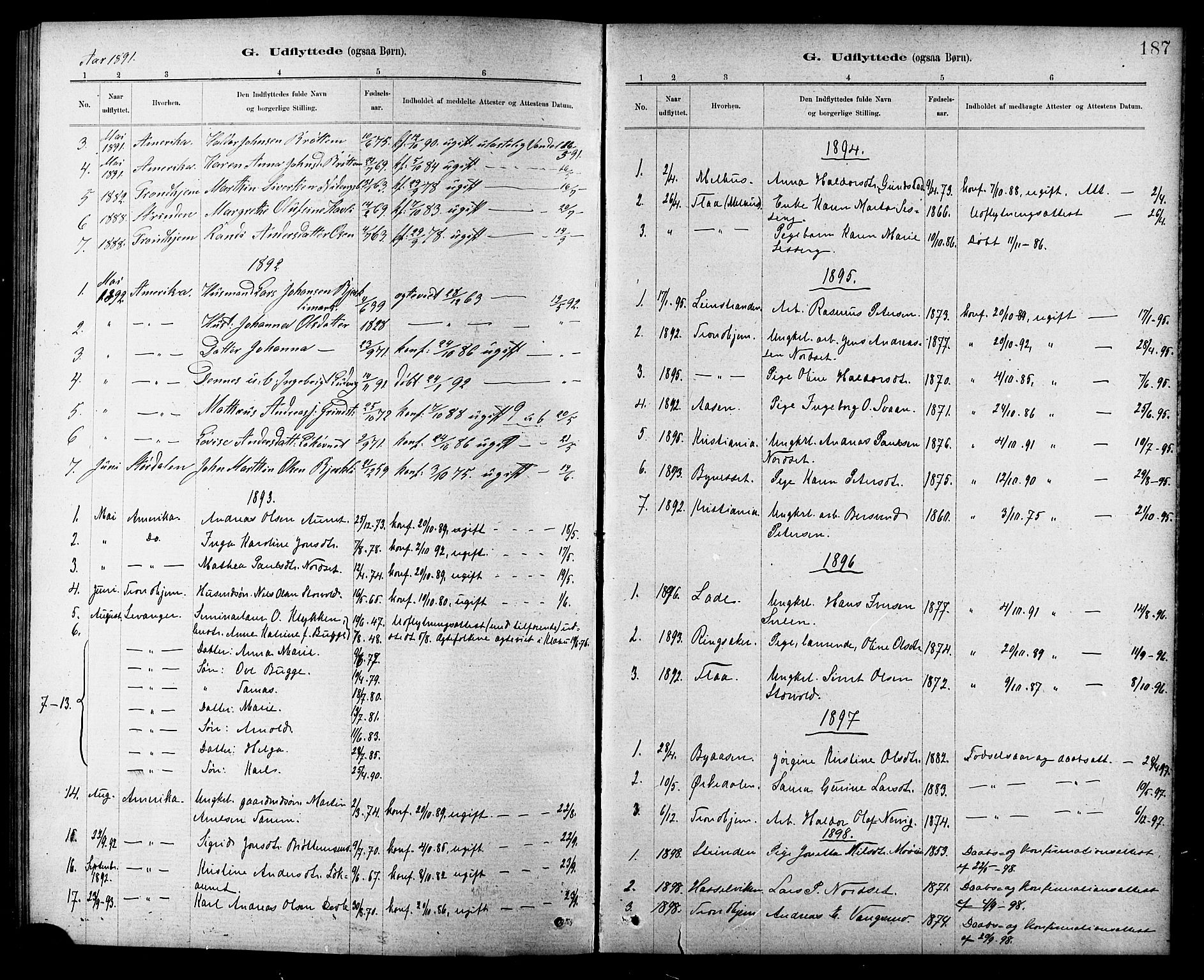 Ministerialprotokoller, klokkerbøker og fødselsregistre - Sør-Trøndelag, SAT/A-1456/618/L0452: Parish register (copy) no. 618C03, 1884-1906, p. 187