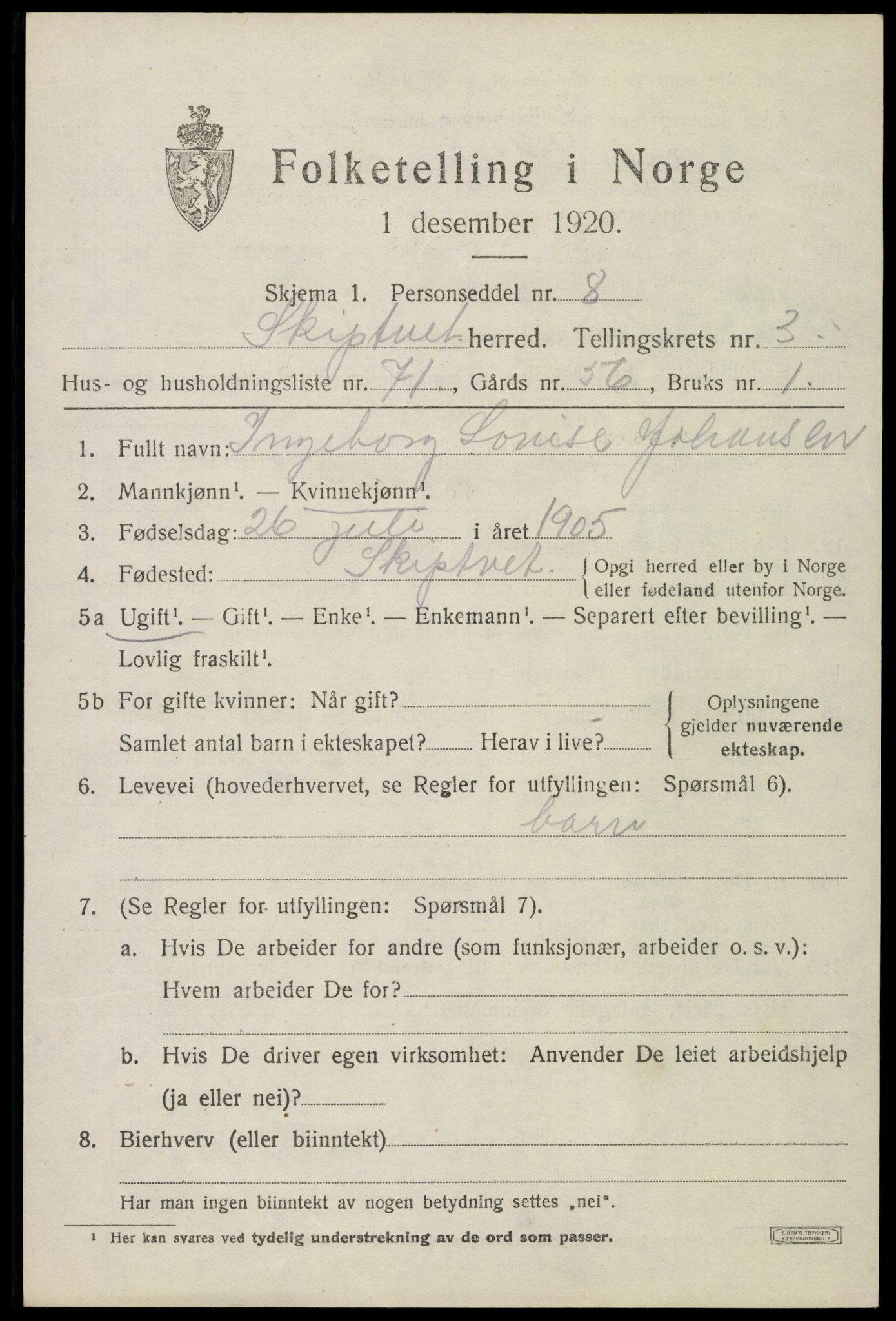 SAO, 1920 census for Skiptvet, 1920, p. 3725