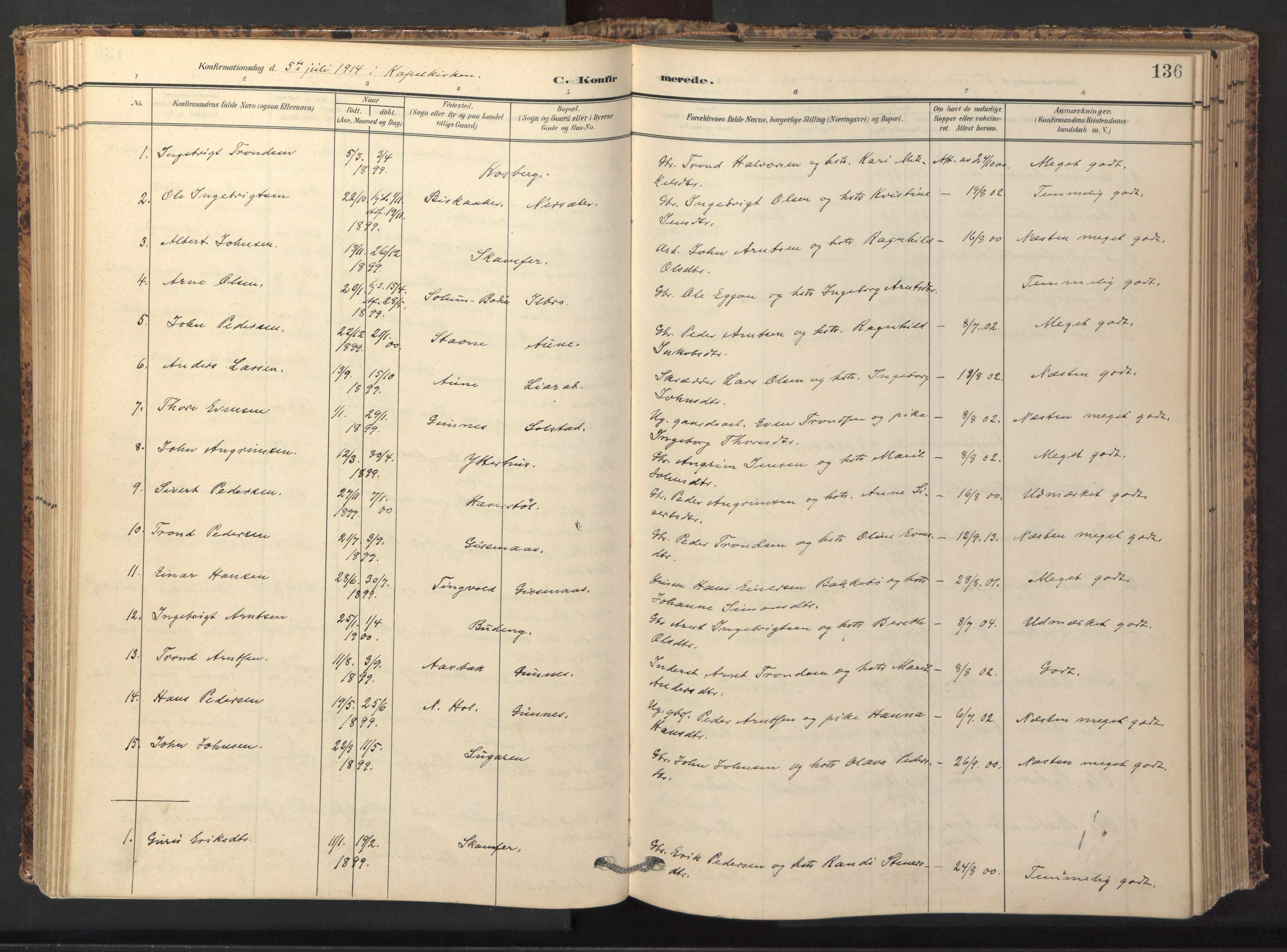 Ministerialprotokoller, klokkerbøker og fødselsregistre - Sør-Trøndelag, SAT/A-1456/674/L0873: Parish register (official) no. 674A05, 1908-1923, p. 136
