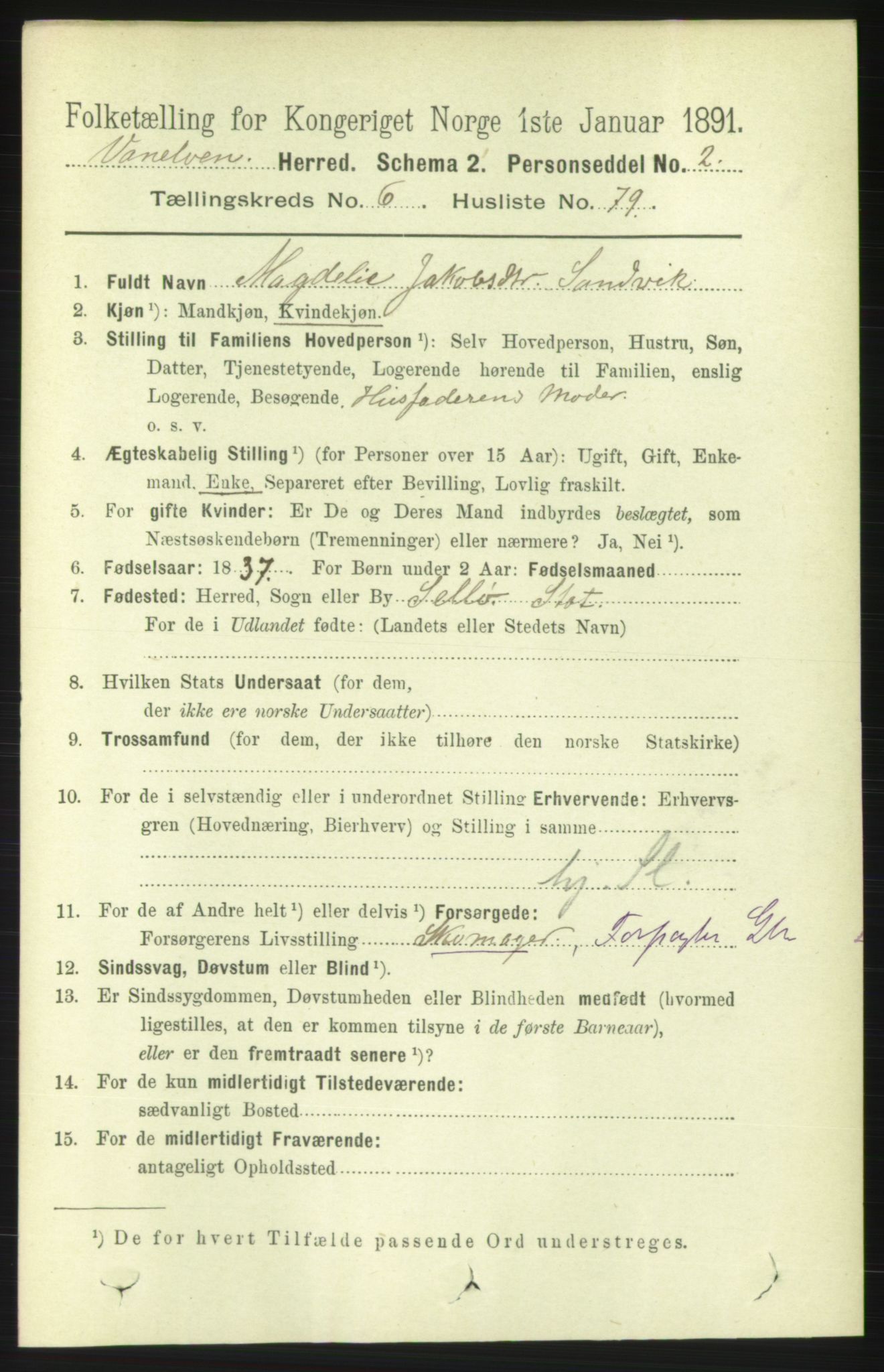 RA, 1891 census for 1511 Vanylven, 1891, p. 3081