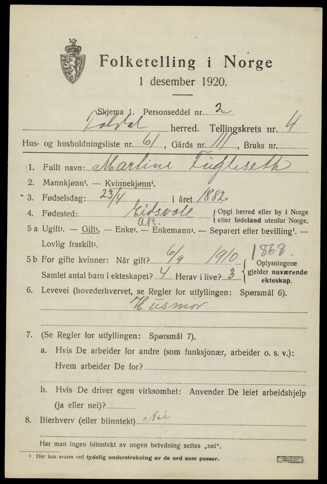 SAH, 1920 census for Folldal, 1920, p. 2975