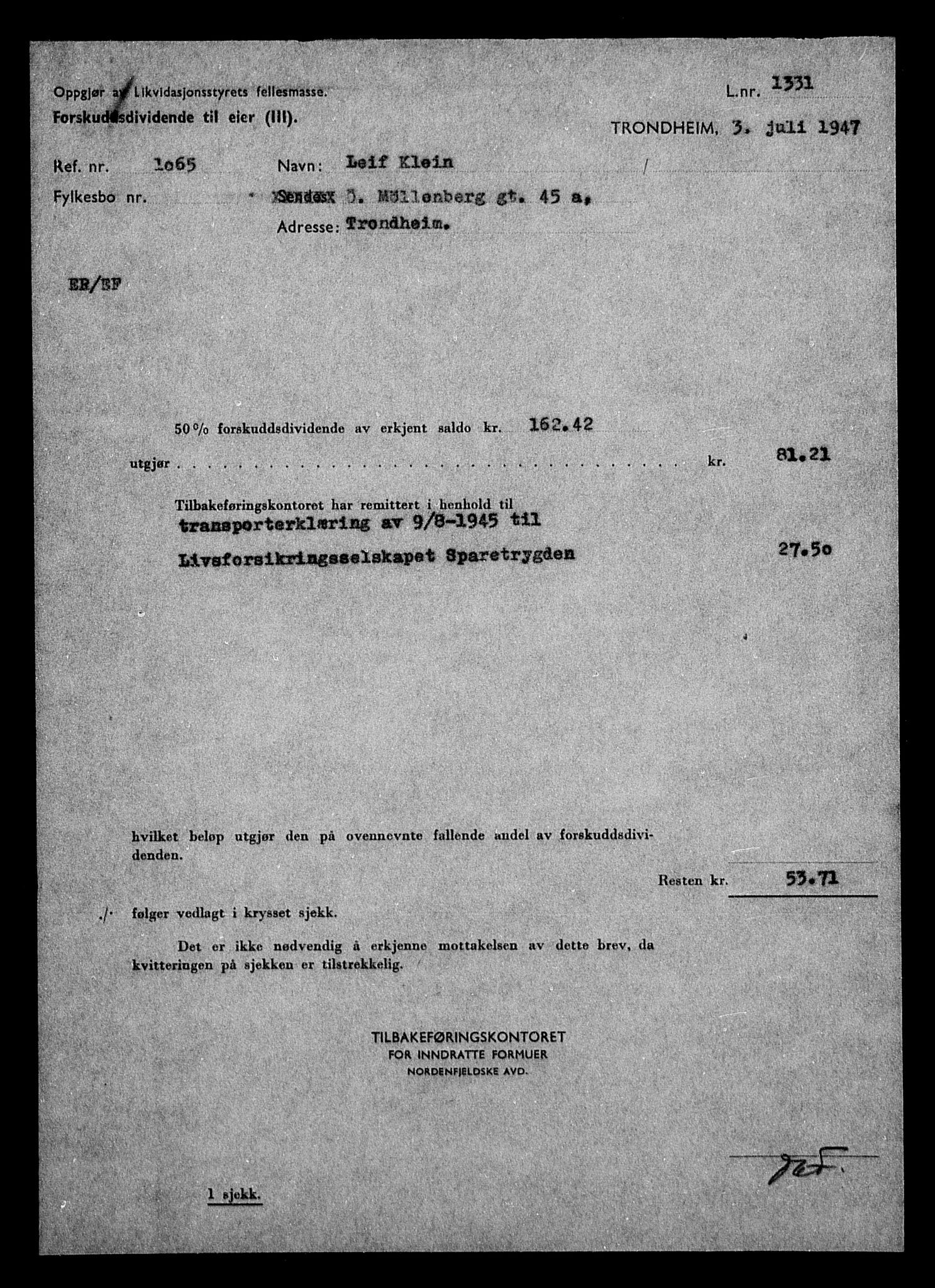 Justisdepartementet, Tilbakeføringskontoret for inndratte formuer, AV/RA-S-1564/H/Hc/Hca/L0902: --, 1945-1947, p. 126