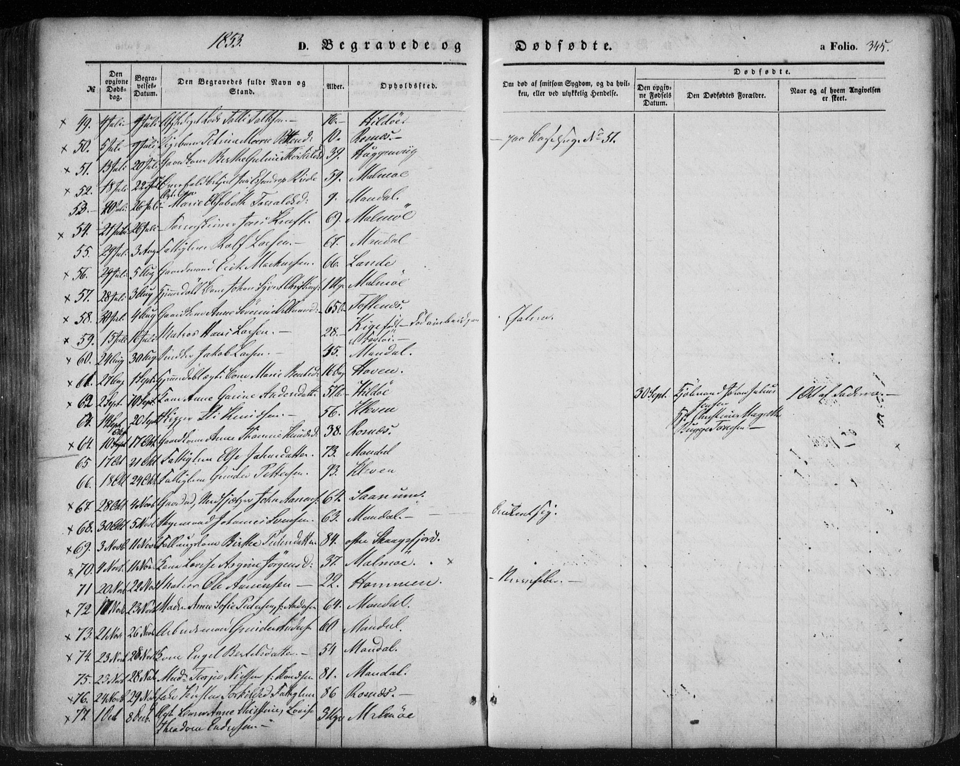 Mandal sokneprestkontor, SAK/1111-0030/F/Fa/Faa/L0013: Parish register (official) no. A 13, 1847-1859, p. 345