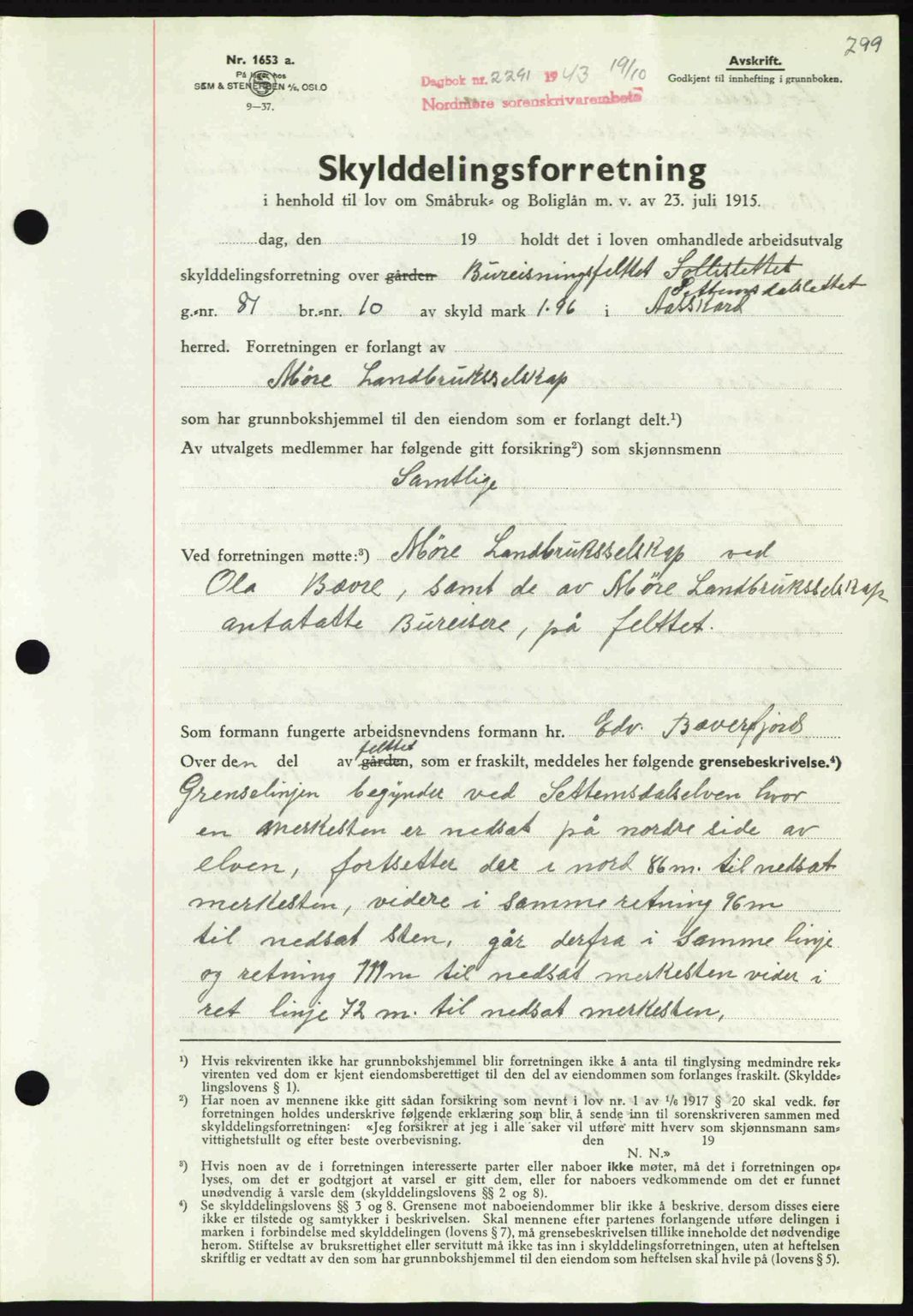 Nordmøre sorenskriveri, SAT/A-4132/1/2/2Ca: Mortgage book no. A96, 1943-1944, Diary no: : 2291/1943