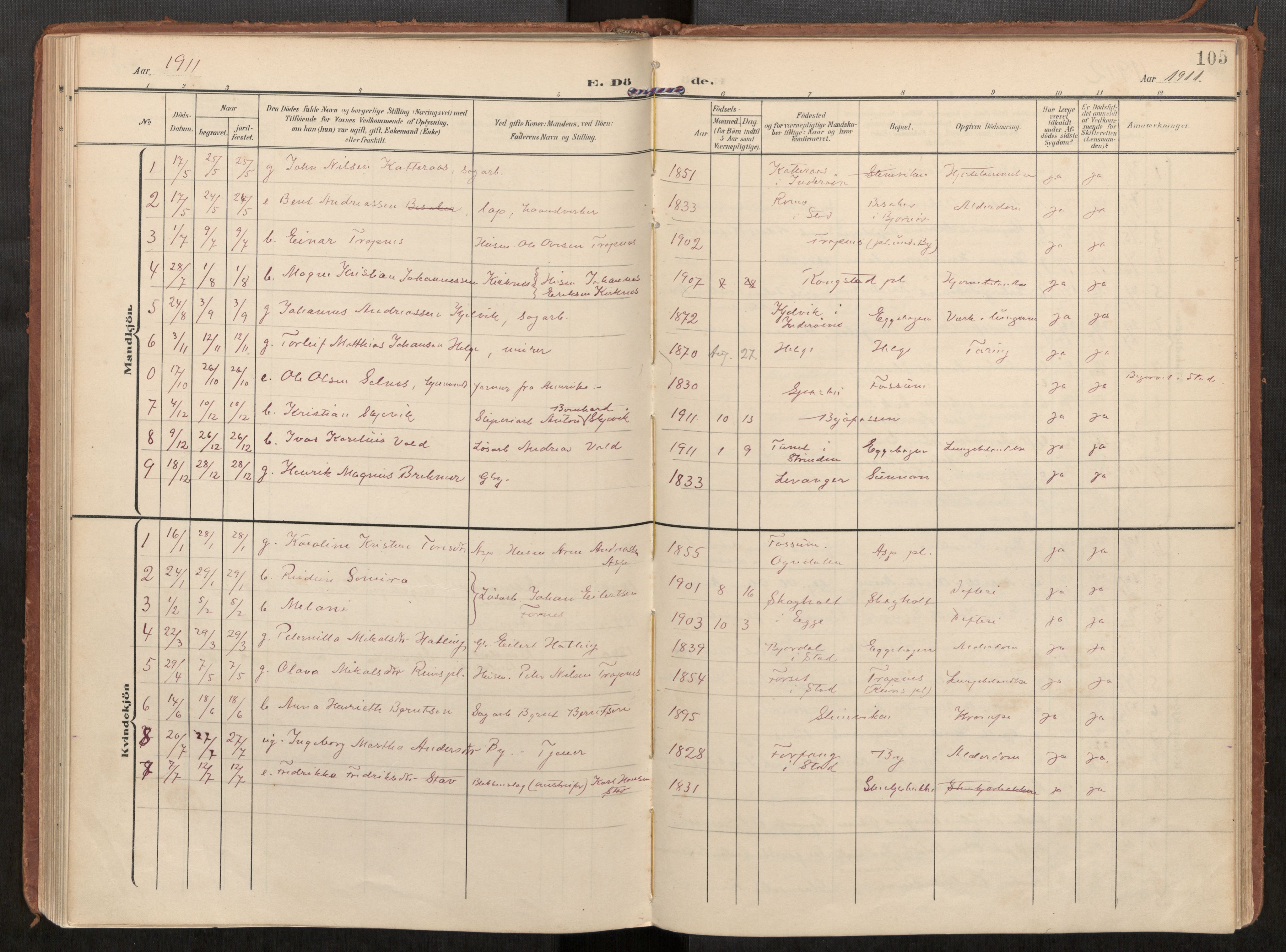 Steinkjer sokneprestkontor, SAT/A-1541/01/H/Ha/Haa/L0002: Parish register (official) no. 2, 1907-1917, p. 105