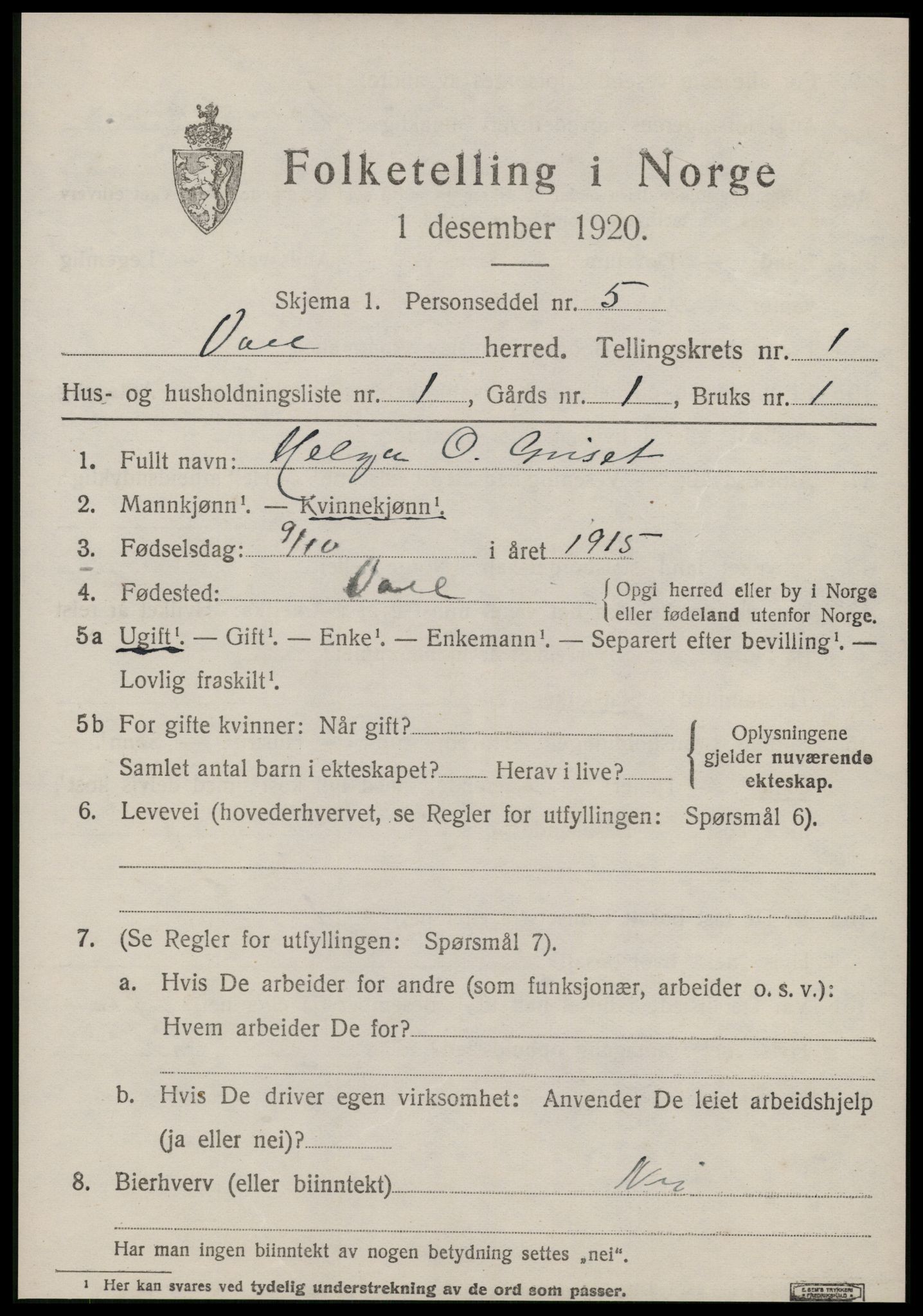 SAT, 1920 census for Voll, 1920, p. 333