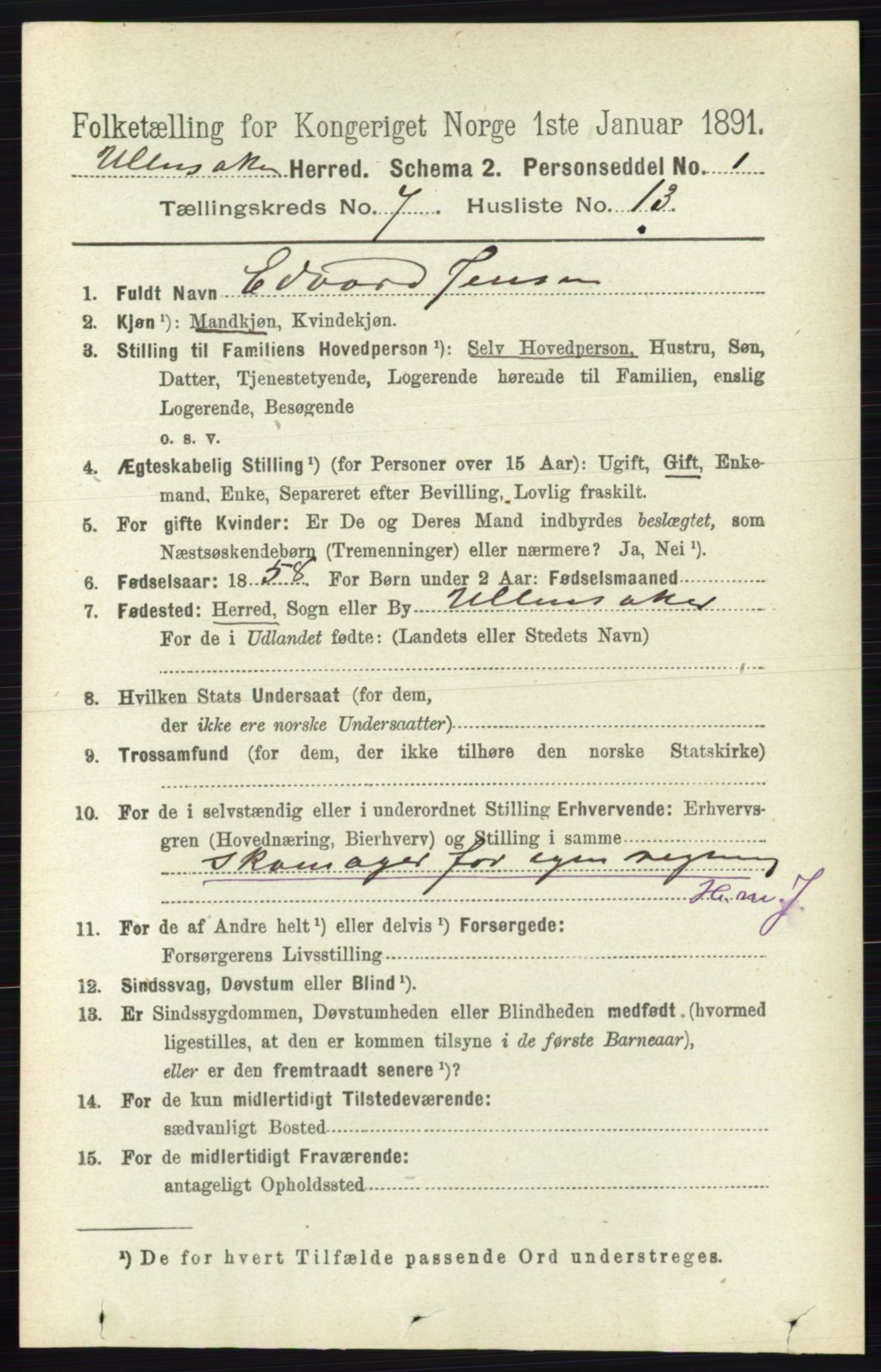 RA, 1891 census for 0235 Ullensaker, 1891, p. 3135