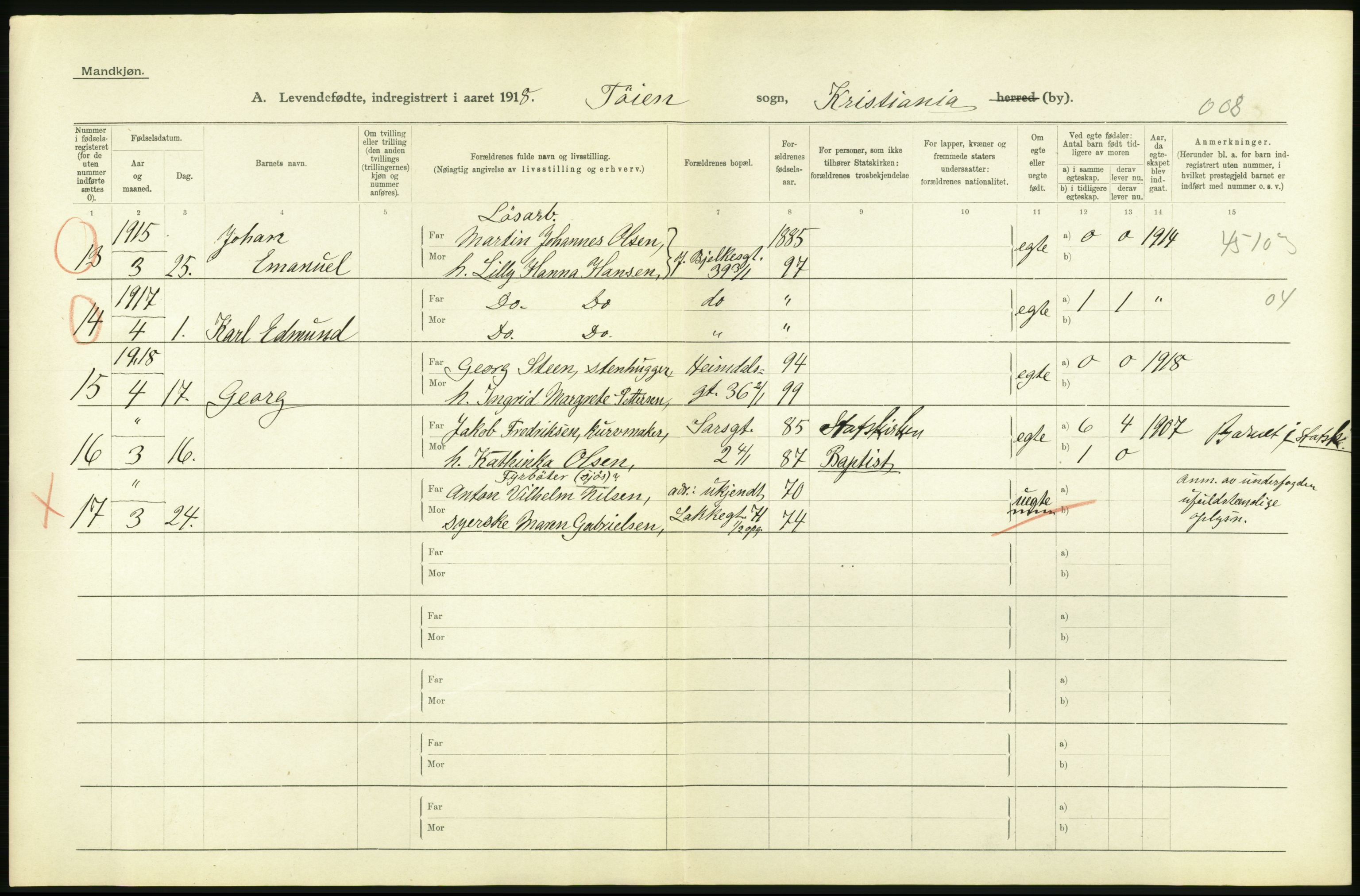 Statistisk sentralbyrå, Sosiodemografiske emner, Befolkning, AV/RA-S-2228/D/Df/Dfb/Dfbh/L0008: Kristiania: Levendefødte menn og kvinner., 1918, p. 182