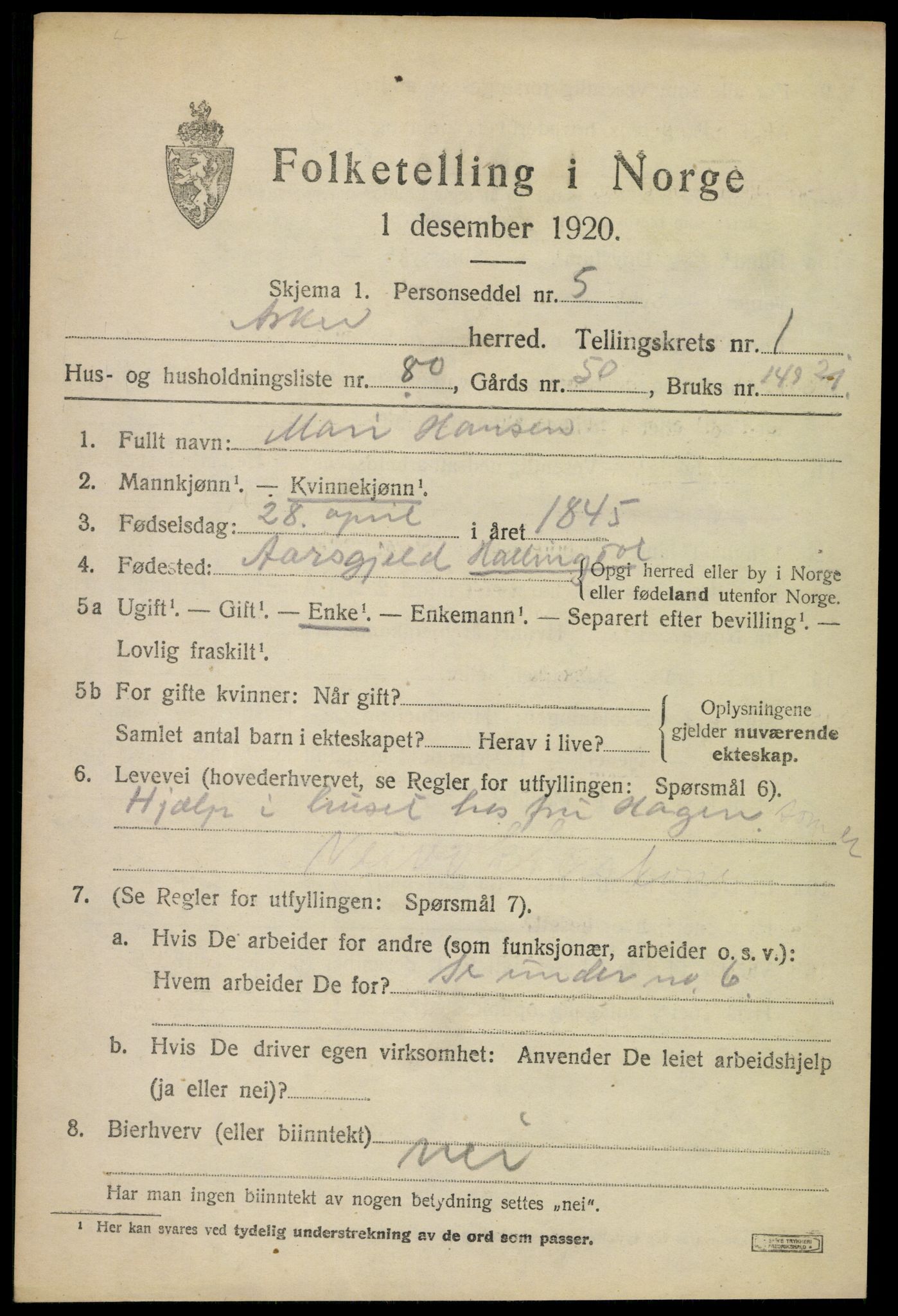 SAO, 1920 census for Asker, 1920, p. 3520