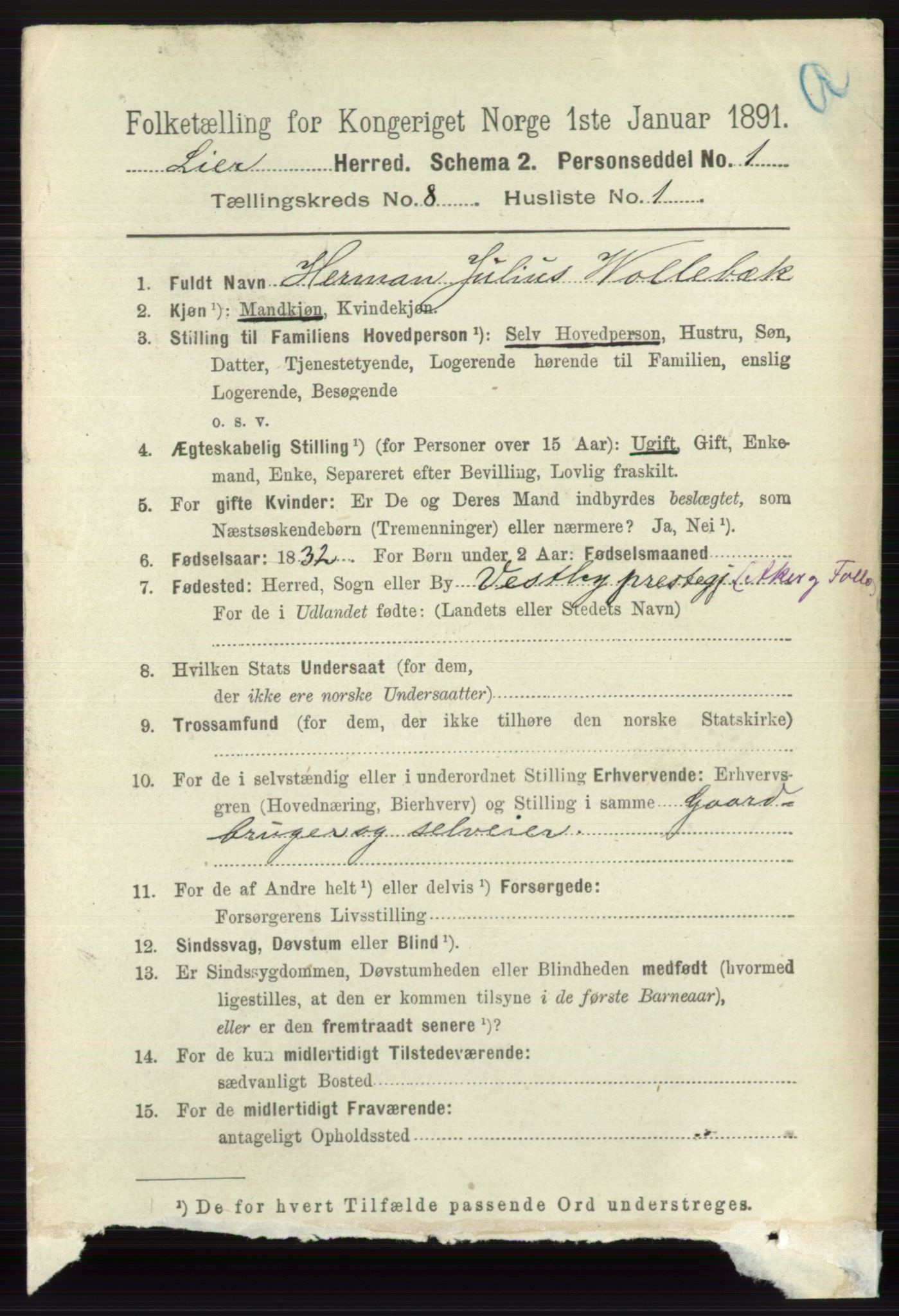 RA, 1891 census for 0626 Lier, 1891, p. 5061