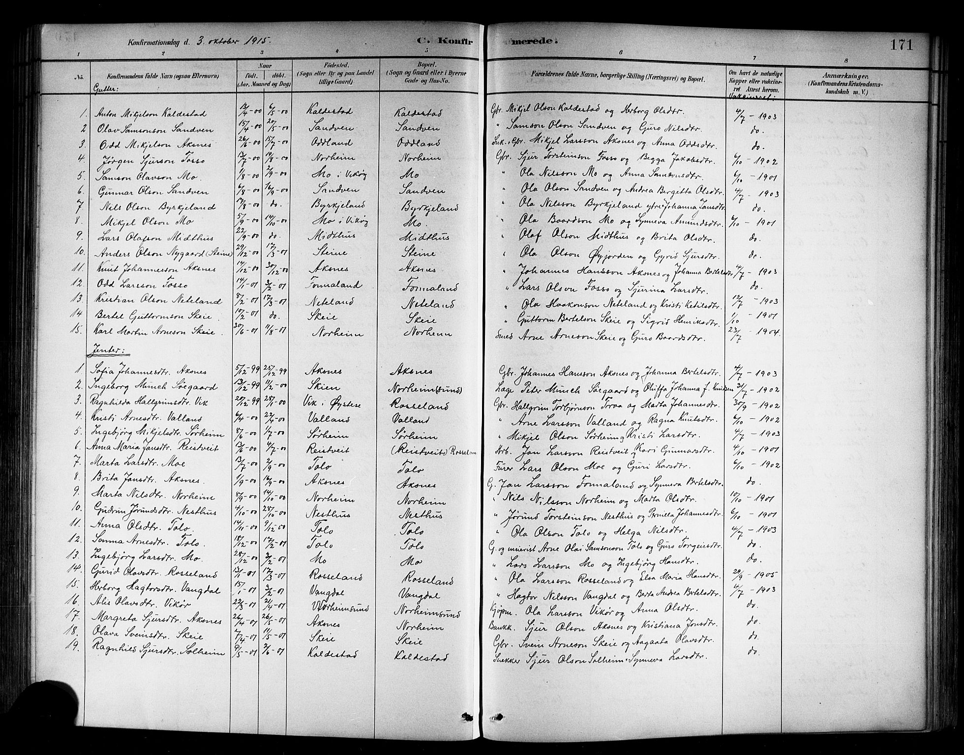 Kvam sokneprestembete, SAB/A-76201/H/Hab: Parish register (copy) no. B 3, 1884-1916, p. 171