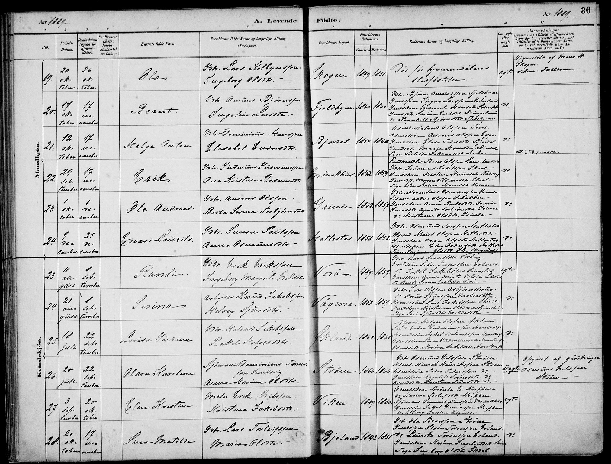 Skjold sokneprestkontor, AV/SAST-A-101847/H/Ha/Haa/L0010: Parish register (official) no. A 10, 1882-1897, p. 36