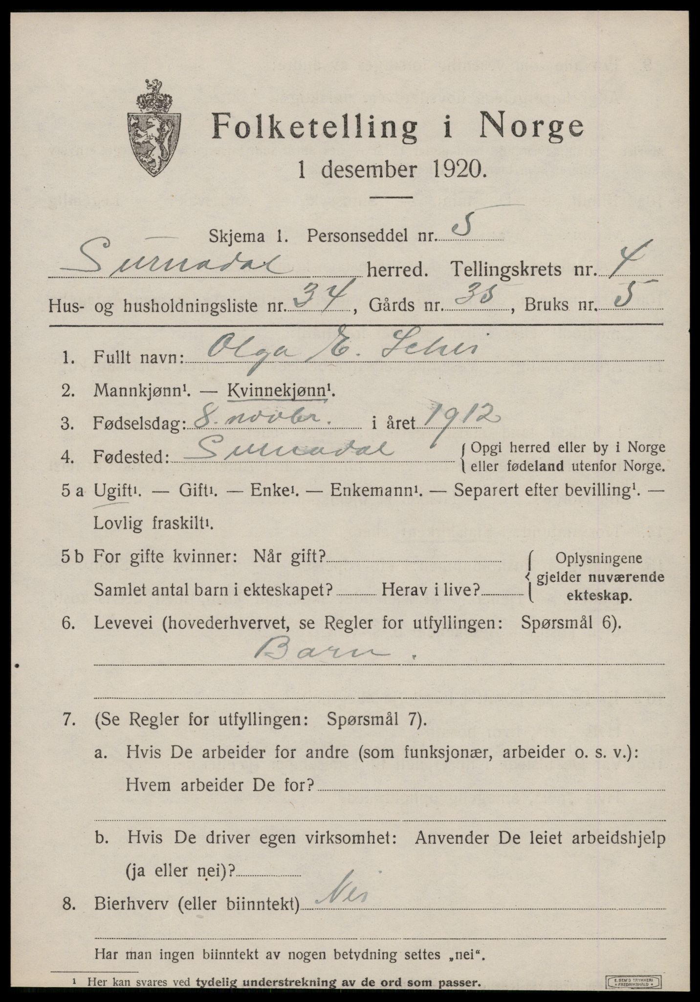 SAT, 1920 census for Surnadal, 1920, p. 3431