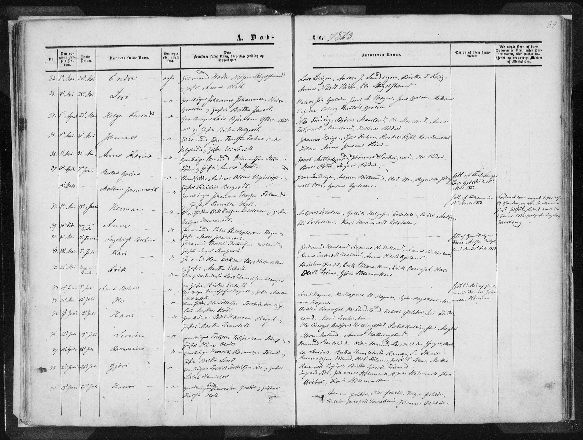 Vikedal sokneprestkontor, AV/SAST-A-101840/01/IV: Parish register (official) no. A 6.1, 1851-1867, p. 84