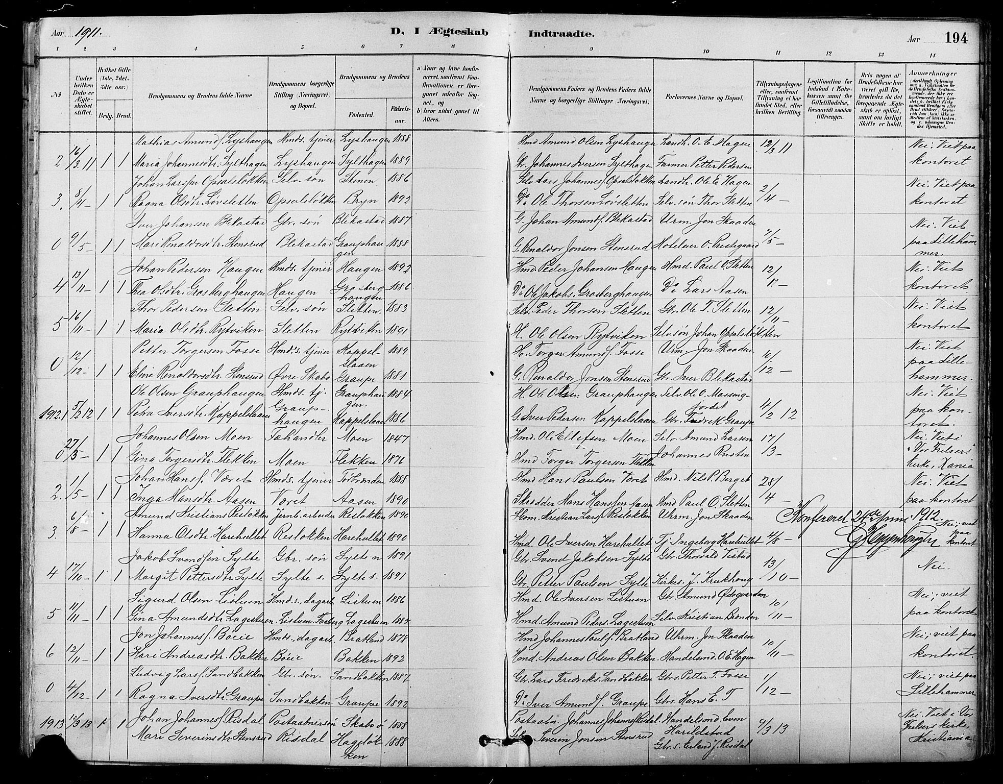Nord-Fron prestekontor, SAH/PREST-080/H/Ha/Hab/L0005: Parish register (copy) no. 5, 1884-1914, p. 194
