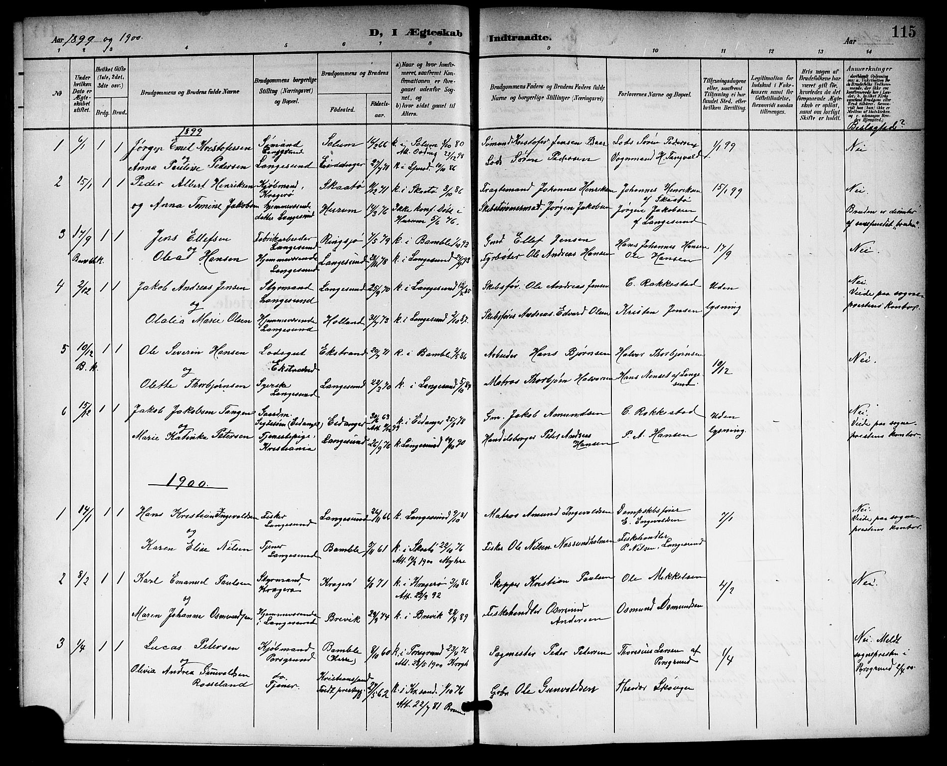 Langesund kirkebøker, SAKO/A-280/G/Ga/L0006: Parish register (copy) no. 6, 1899-1918, p. 115