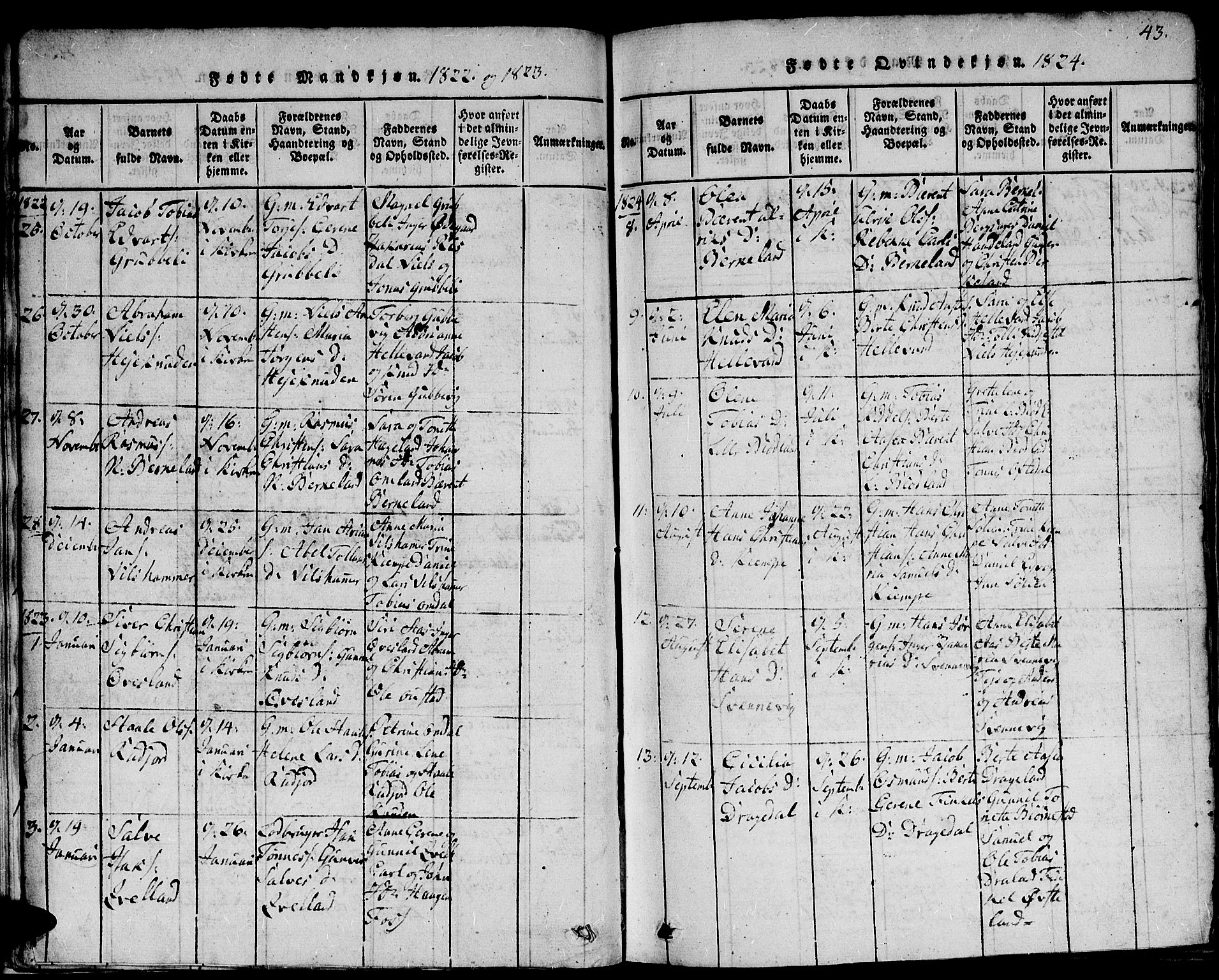 Lyngdal sokneprestkontor, AV/SAK-1111-0029/F/Fb/Fbc/L0001: Parish register (copy) no. B 1, 1815-1844, p. 43