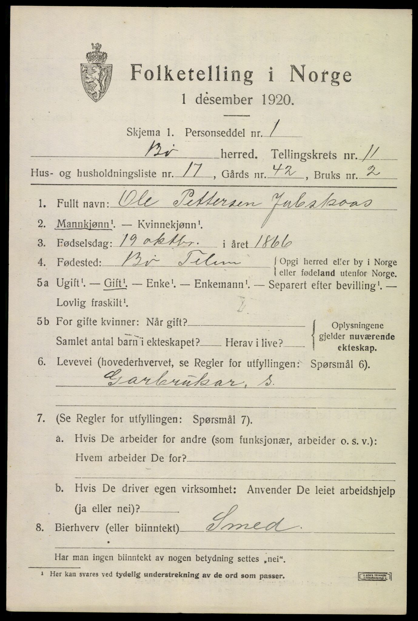 SAKO, 1920 census for Bø (Telemark), 1920, p. 6866