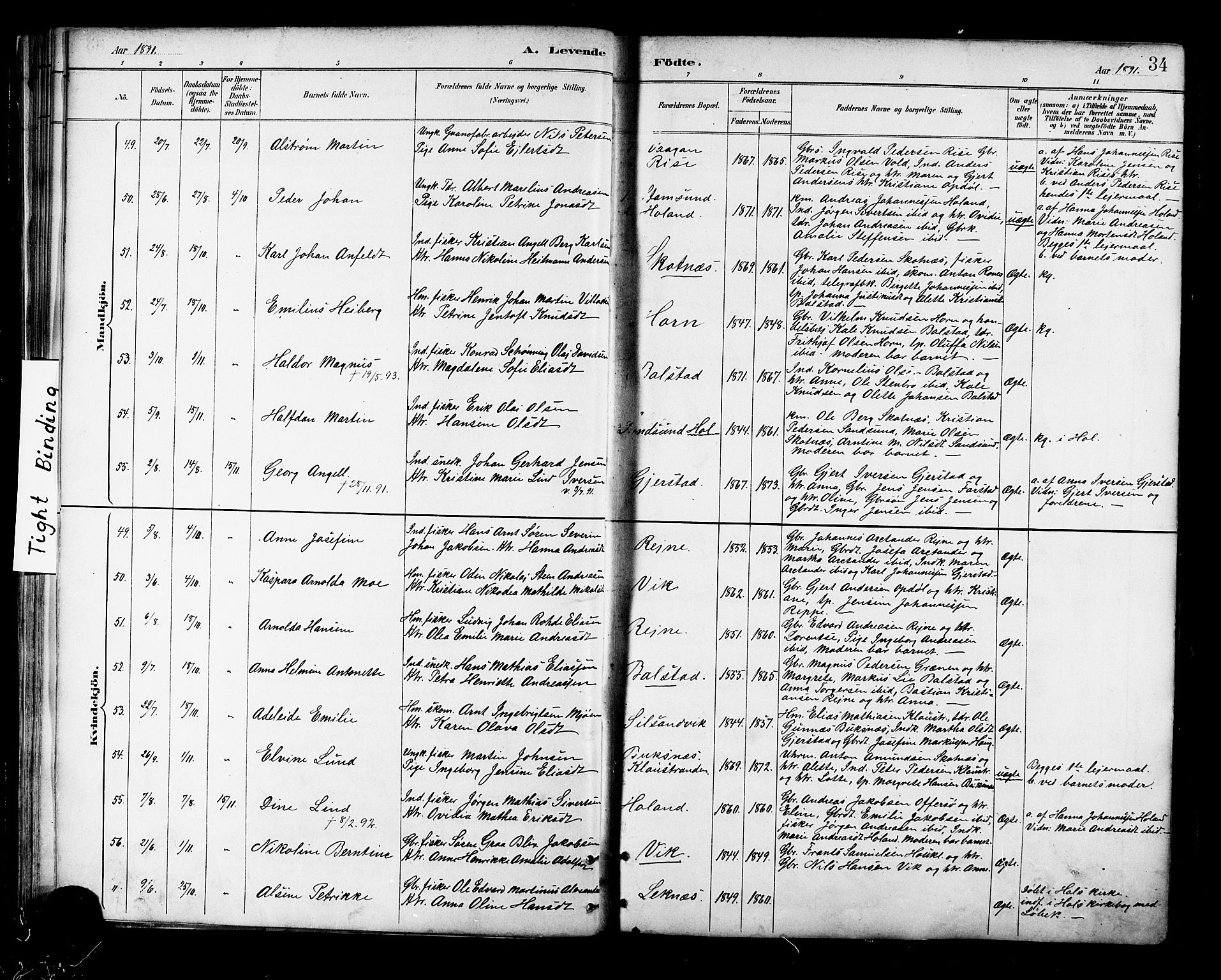 Ministerialprotokoller, klokkerbøker og fødselsregistre - Nordland, SAT/A-1459/881/L1167: Parish register (copy) no. 881C04, 1886-1899, p. 34