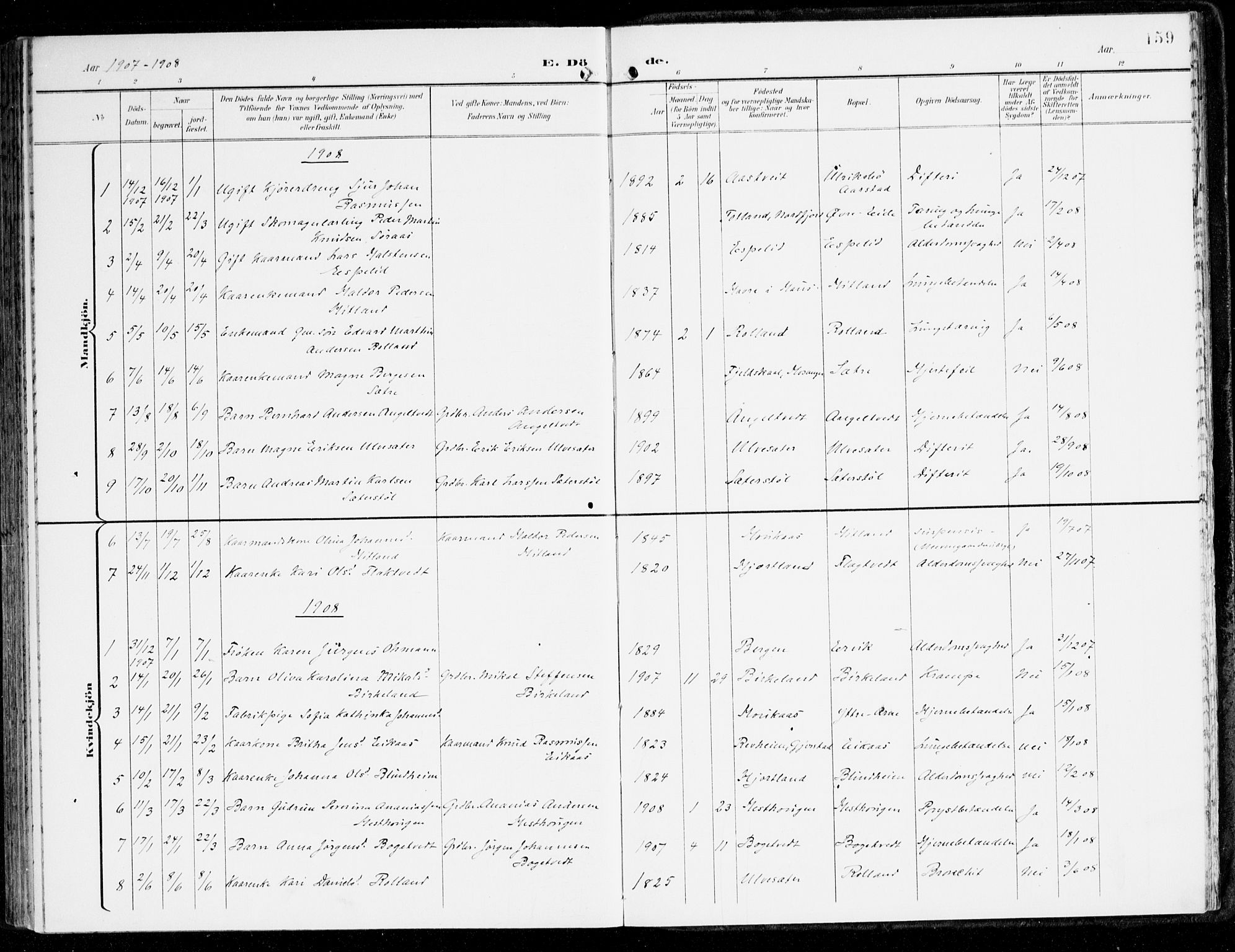 Hamre sokneprestembete, SAB/A-75501/H/Ha/Haa/Haad/L0002: Parish register (official) no. D 2, 1899-1916, p. 159