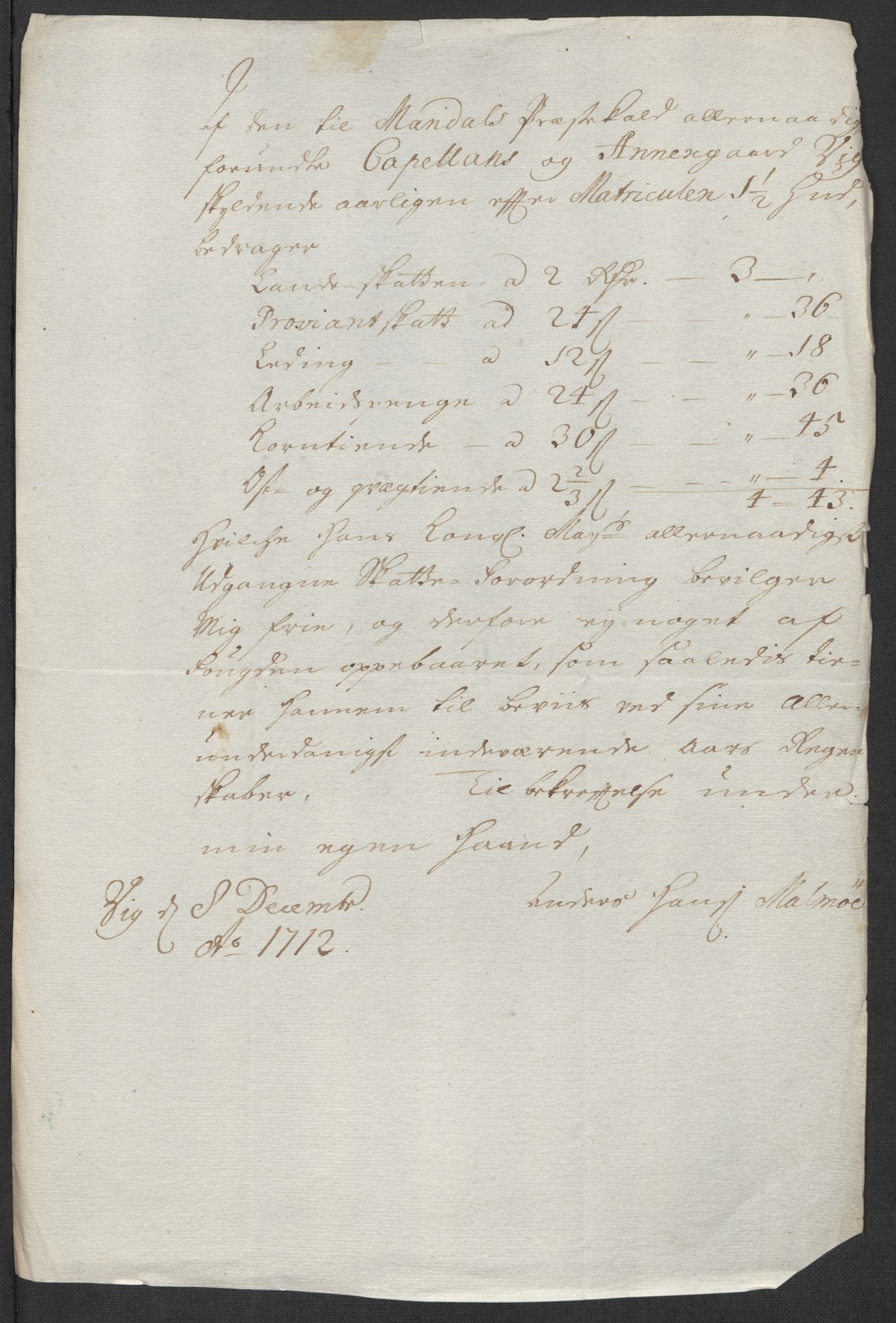 Rentekammeret inntil 1814, Reviderte regnskaper, Fogderegnskap, RA/EA-4092/R43/L2555: Fogderegnskap Lista og Mandal, 1712, p. 215