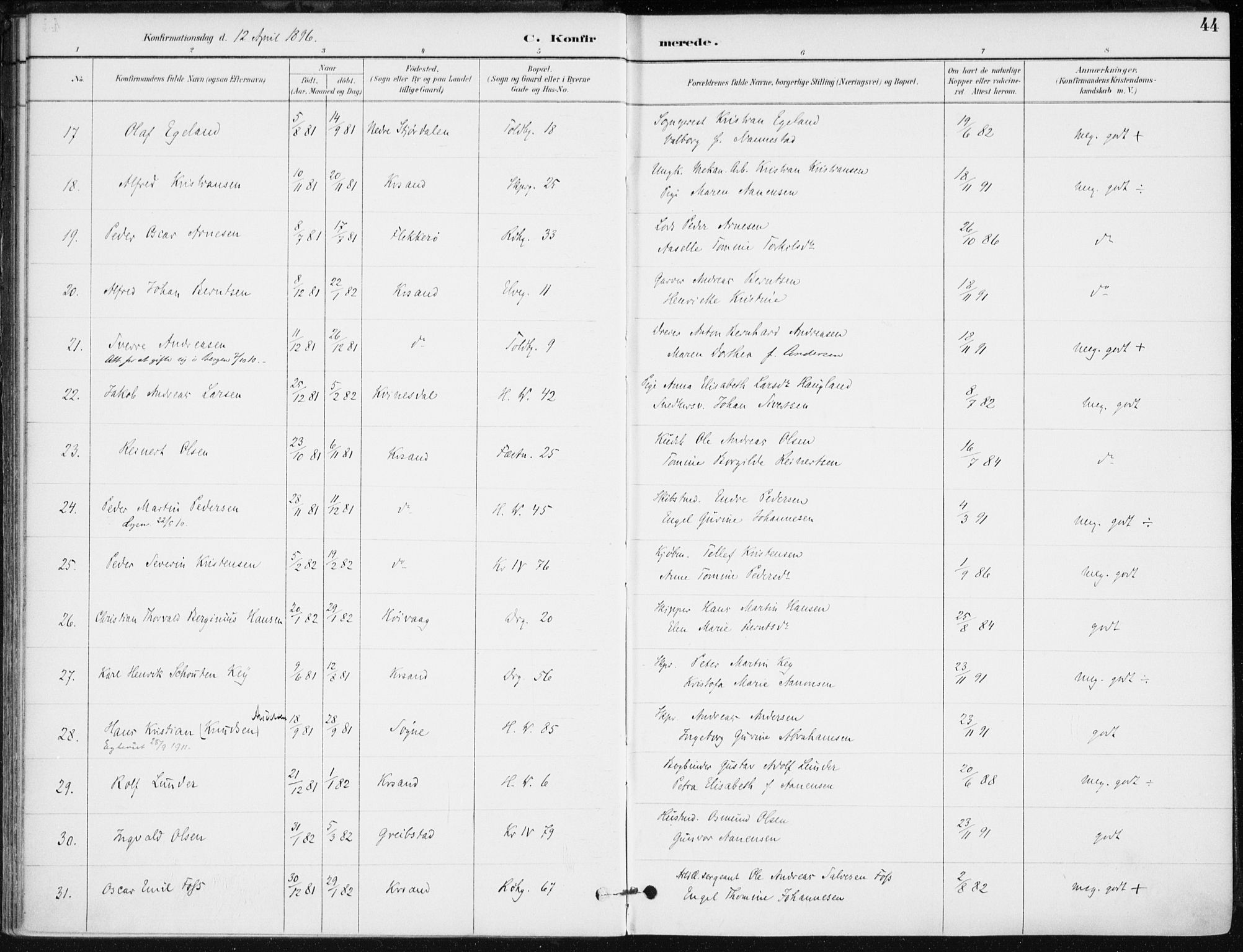 Kristiansand domprosti, SAK/1112-0006/F/Fa/L0020: Parish register (official) no. A 19, 1893-1904, p. 44