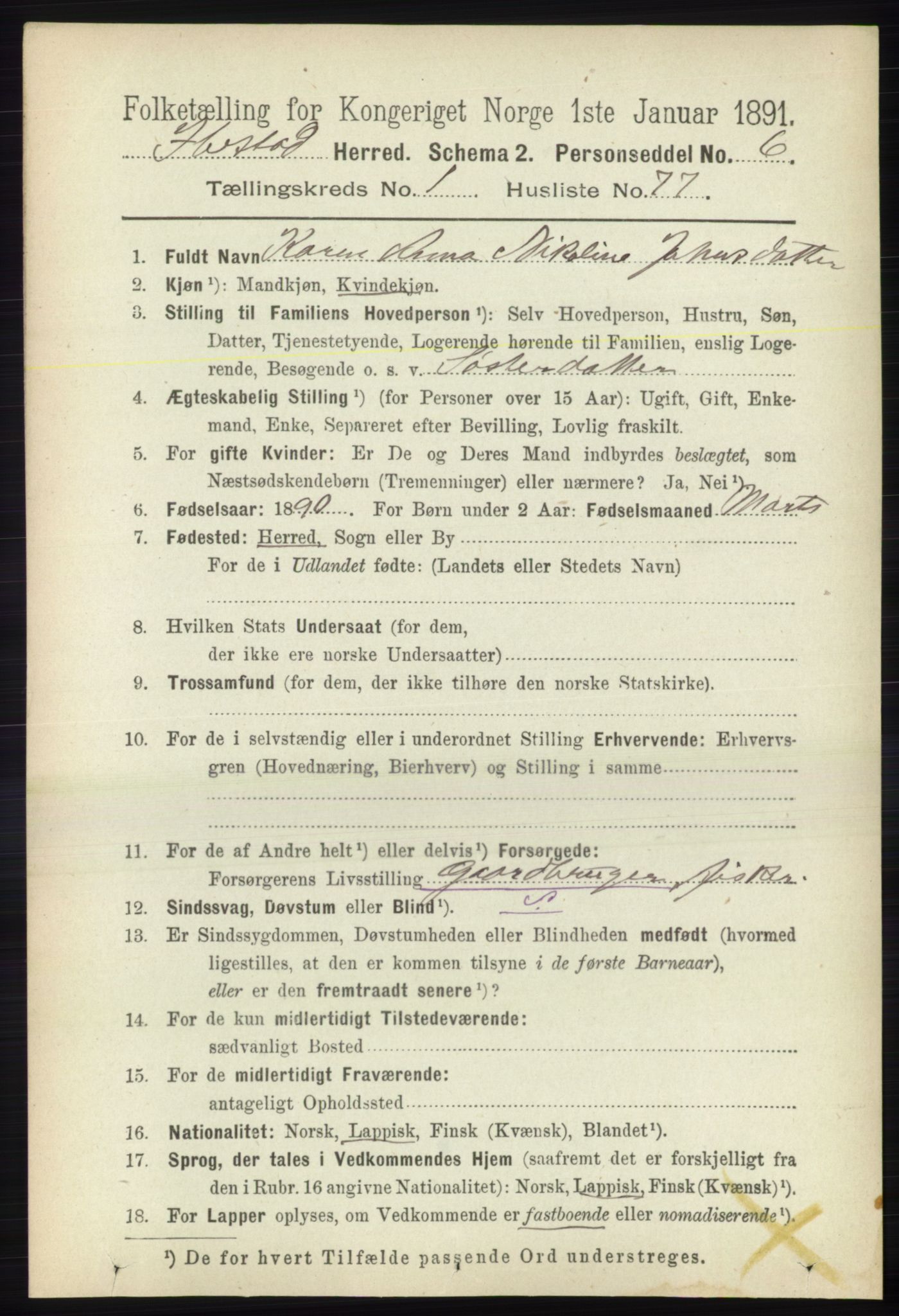 RA, 1891 census for 1917 Ibestad, 1891, p. 654