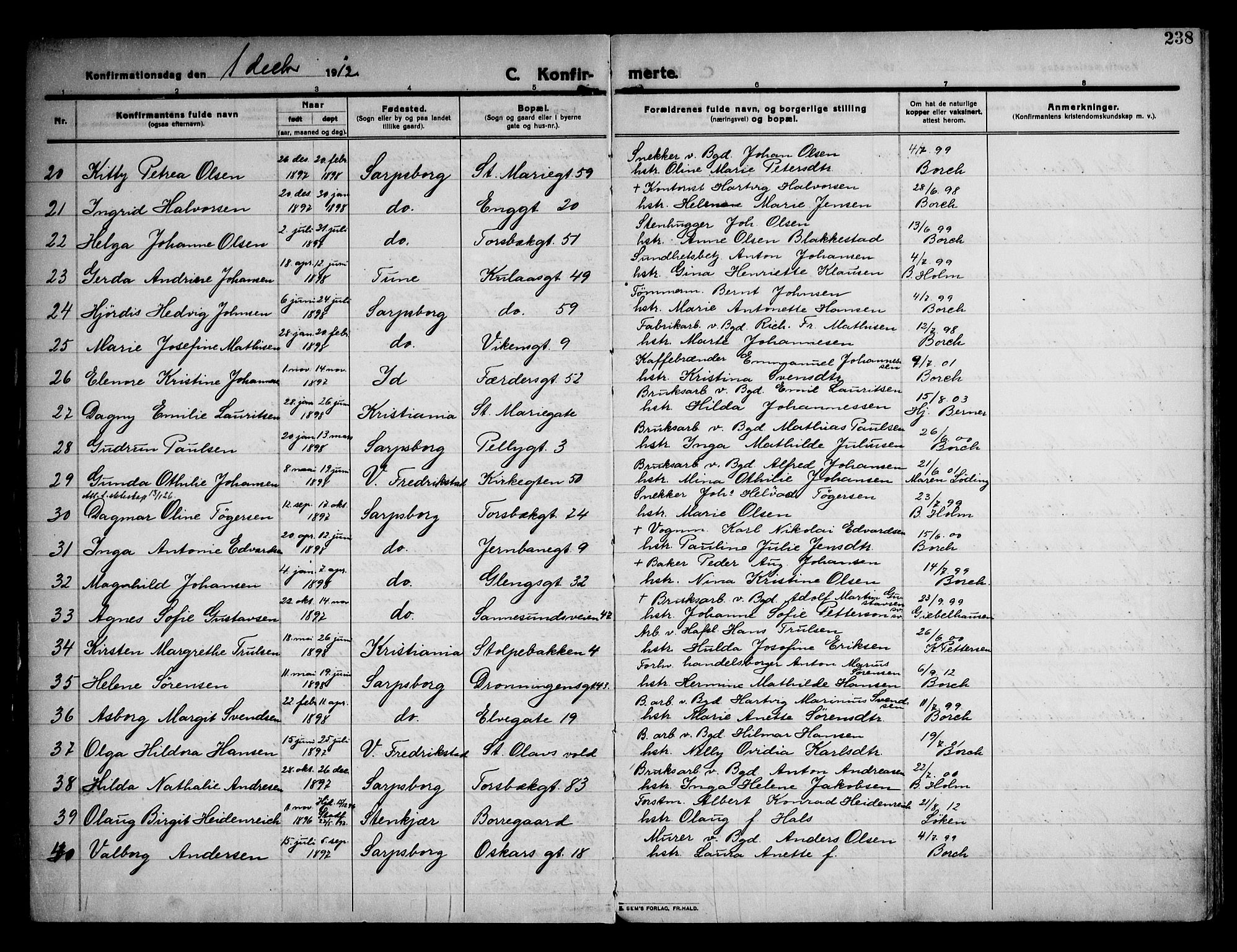 Sarpsborg prestekontor Kirkebøker, AV/SAO-A-2006/F/Fa/L0008: Parish register (official) no. 8, 1910-1920, p. 238