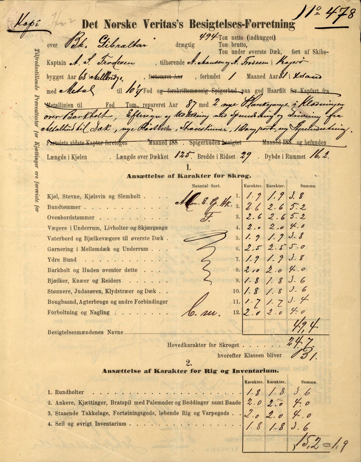Pa 63 - Østlandske skibsassuranceforening, VEMU/A-1079/G/Ga/L0022/0005: Havaridokumenter / Gjendin, Gibraltar, Granen, 1888, p. 26