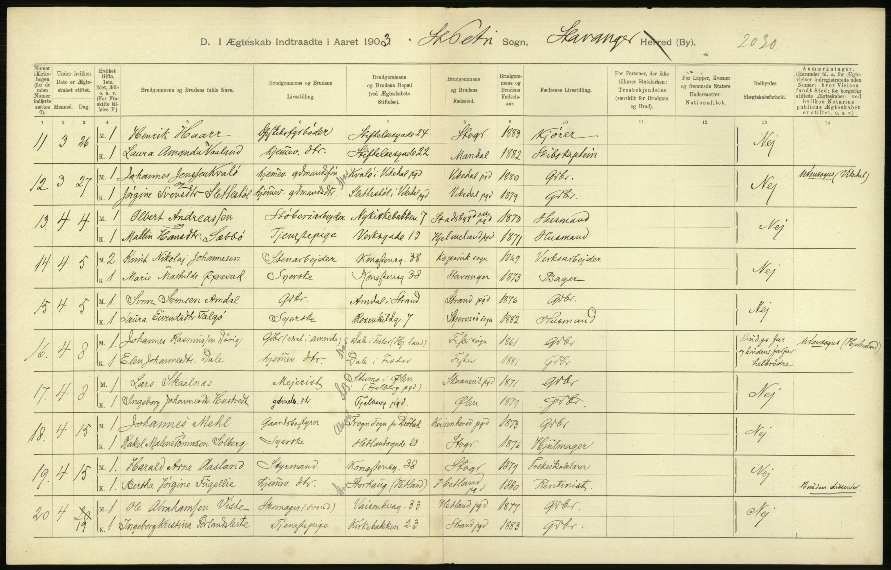 Statistisk sentralbyrå, Sosiodemografiske emner, Befolkning, AV/RA-S-2228/D/Df/Dfa/Dfaa/L0012: Stavanger amt: Fødte, gifte, døde, 1903, p. 610