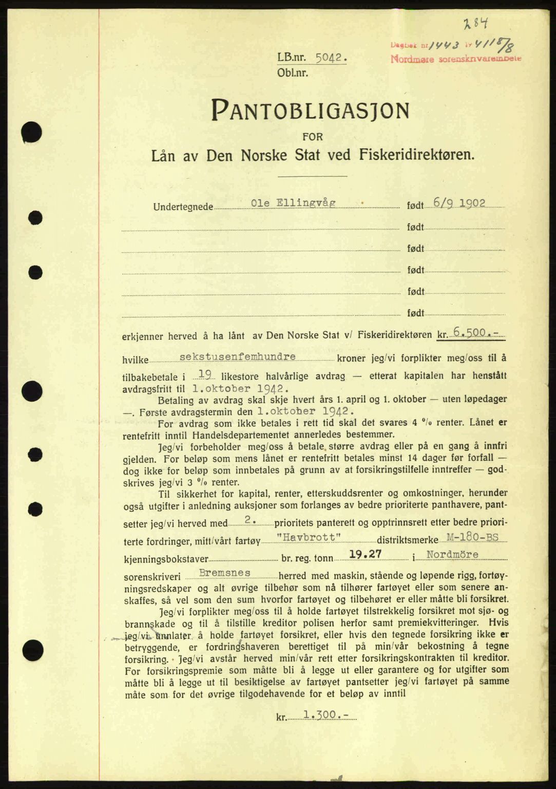 Nordmøre sorenskriveri, AV/SAT-A-4132/1/2/2Ca: Mortgage book no. B88, 1941-1942, Diary no: : 1443/1941