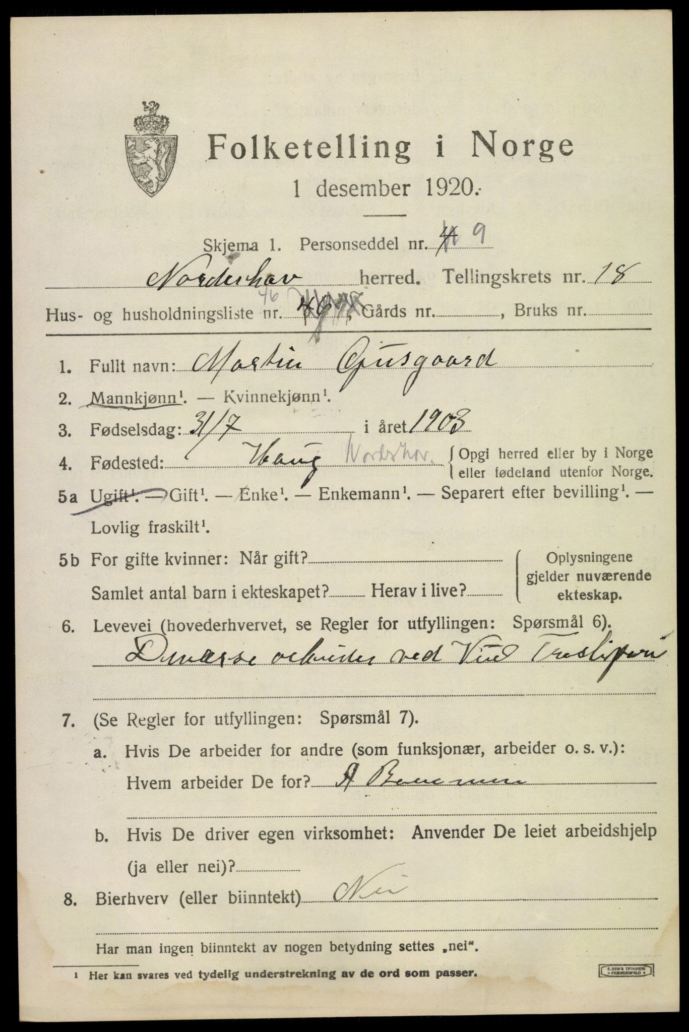 SAKO, 1920 census for Norderhov, 1920, p. 20300