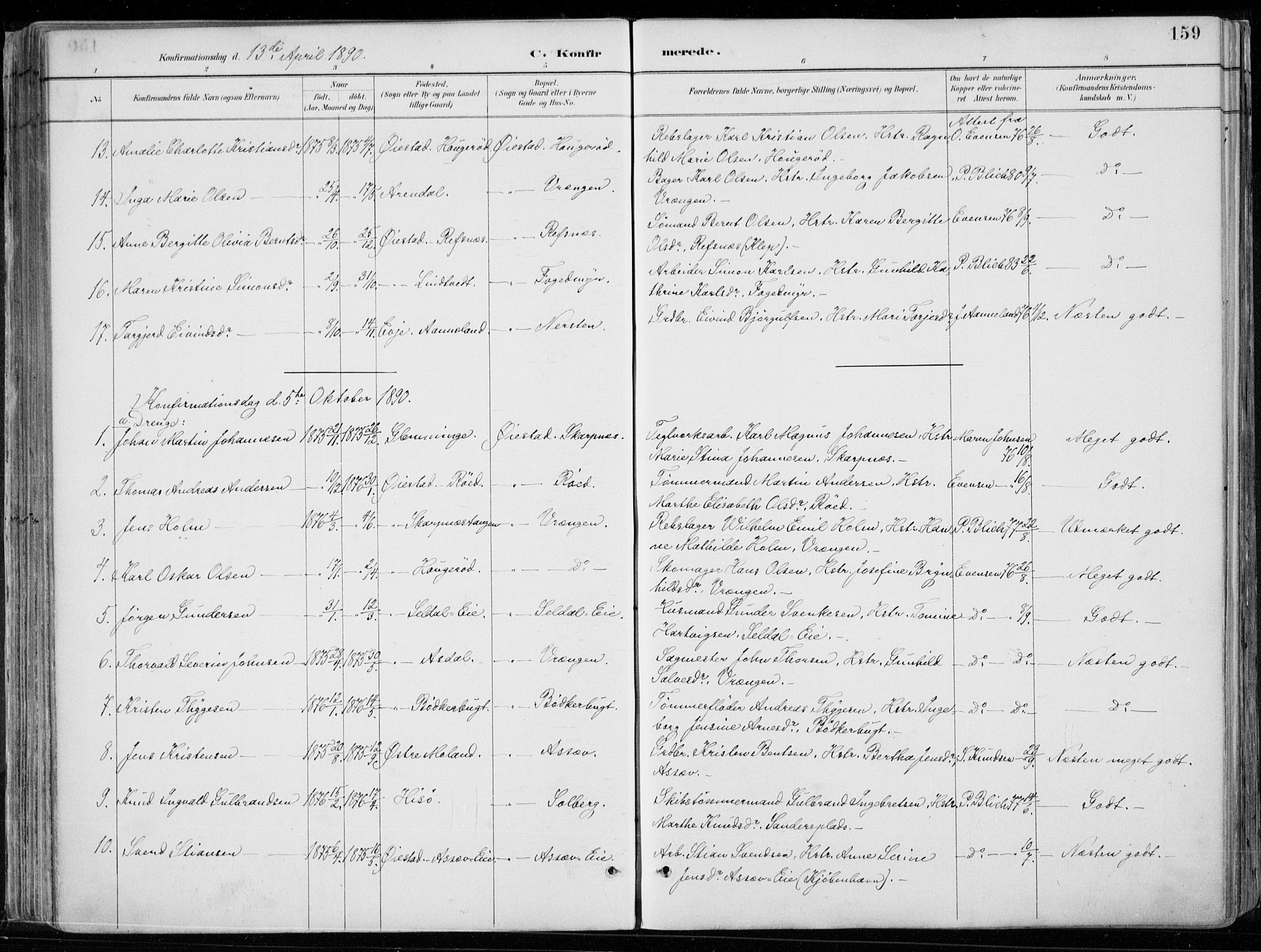 Øyestad sokneprestkontor, AV/SAK-1111-0049/F/Fa/L0017: Parish register (official) no. A 17, 1887-1896, p. 159