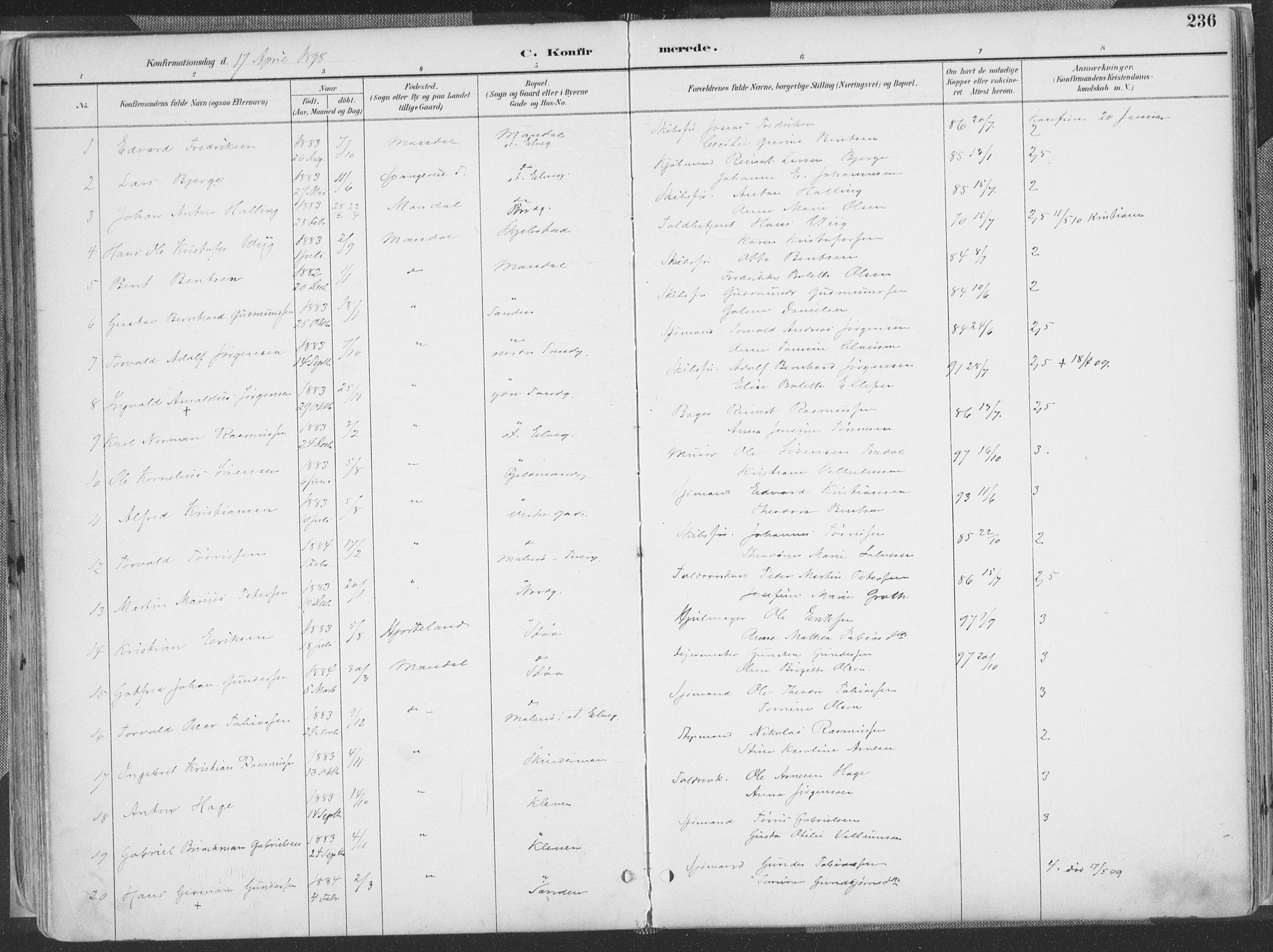 Mandal sokneprestkontor, SAK/1111-0030/F/Fa/Faa/L0018: Parish register (official) no. A 18, 1890-1905, p. 236