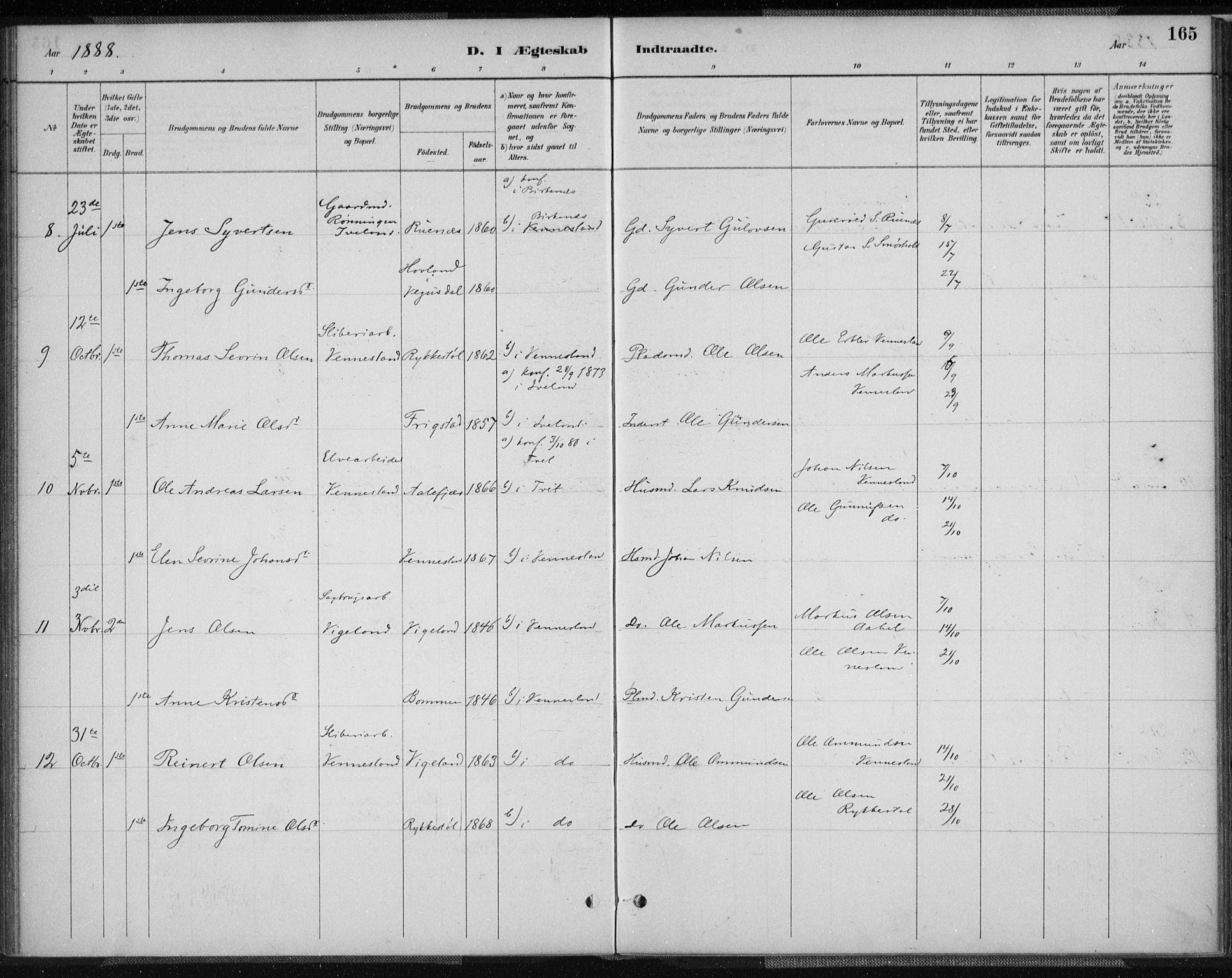 Vennesla sokneprestkontor, SAK/1111-0045/Fa/Fab/L0004: Parish register (official) no. A 4, 1884-1896, p. 165