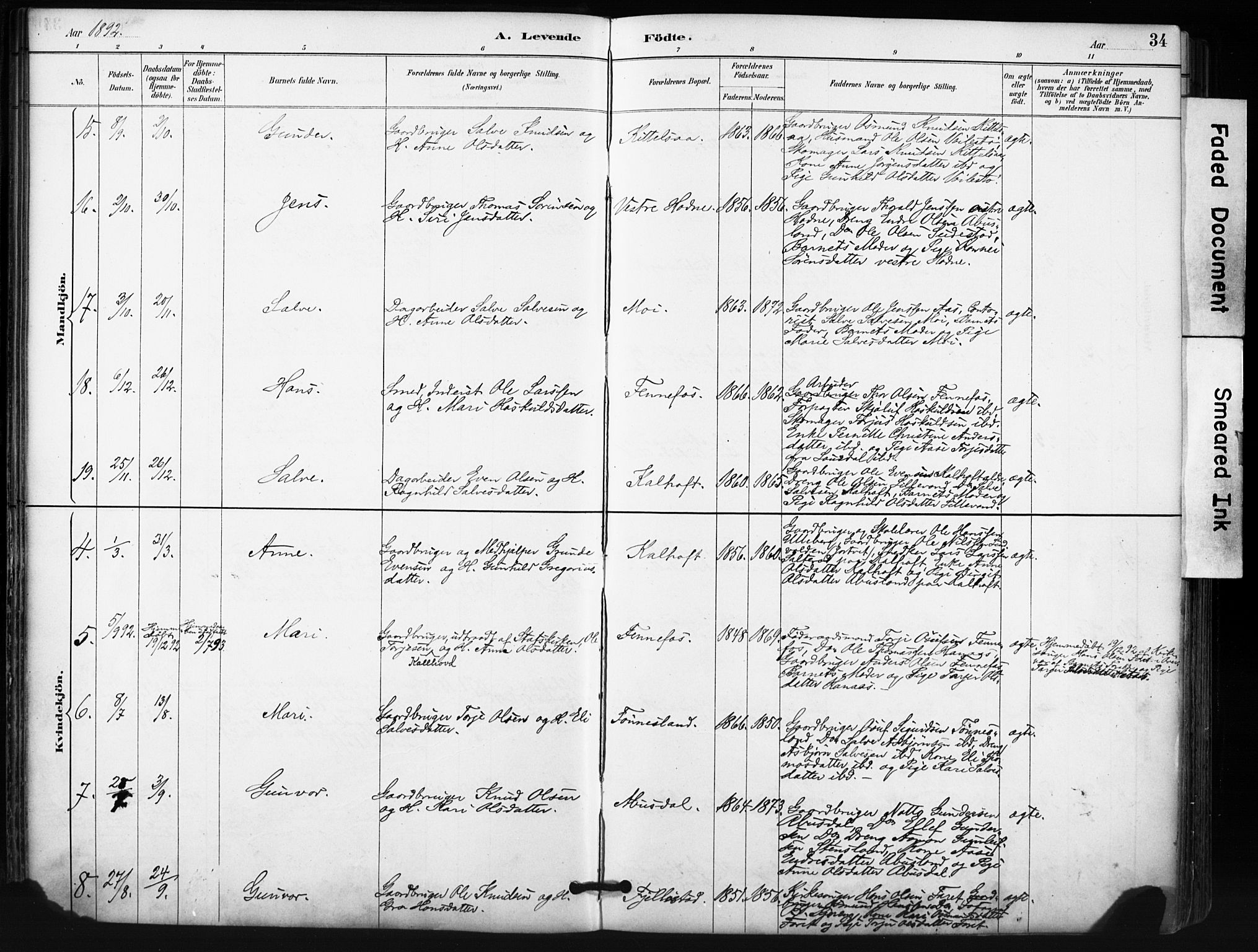 Evje sokneprestkontor, SAK/1111-0008/F/Fa/Fab/L0003: Parish register (official) no. A 3, 1884-1909, p. 34
