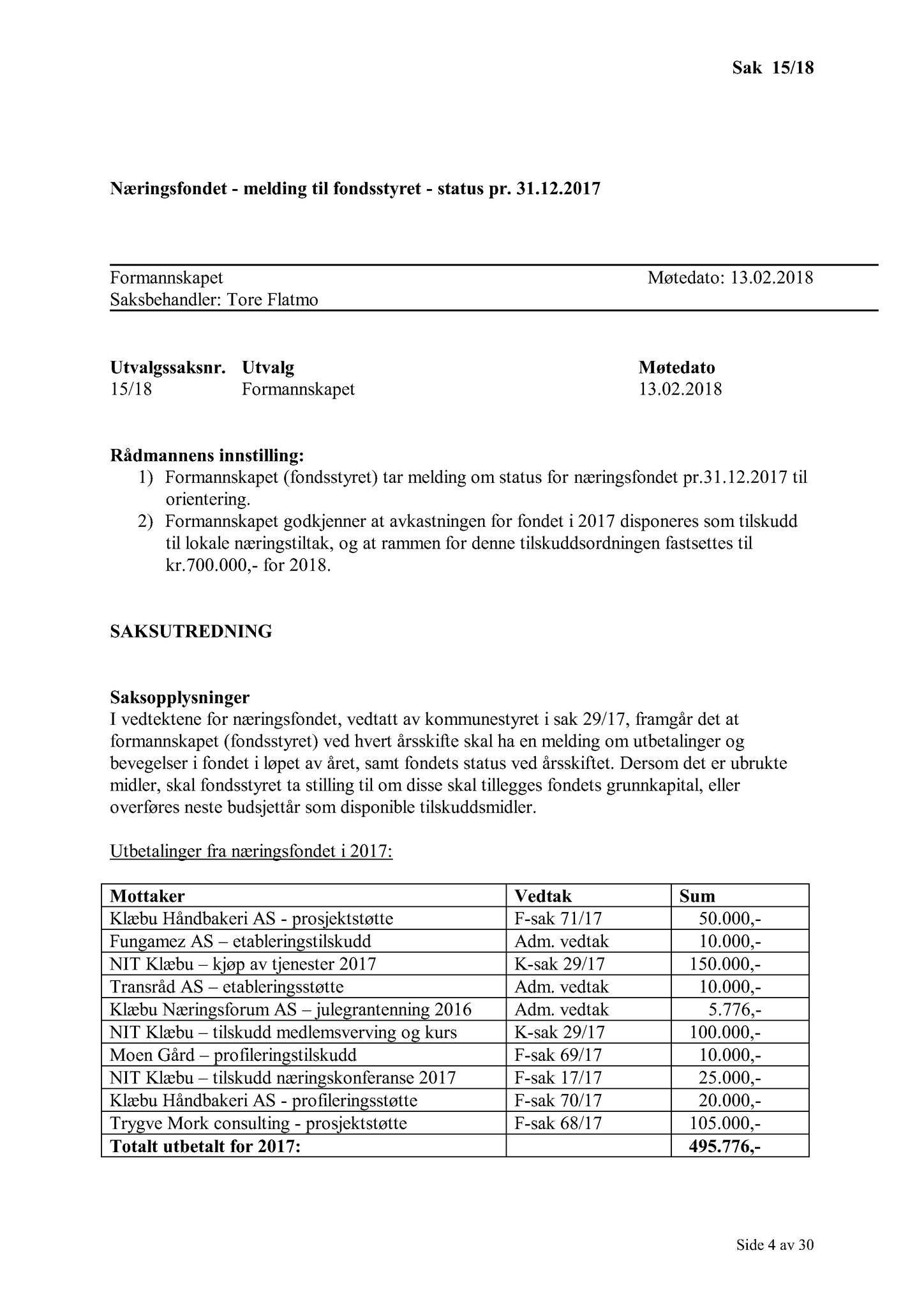 Klæbu Kommune, TRKO/KK/02-FS/L011: Formannsskapet - Møtedokumenter, 2018, p. 407