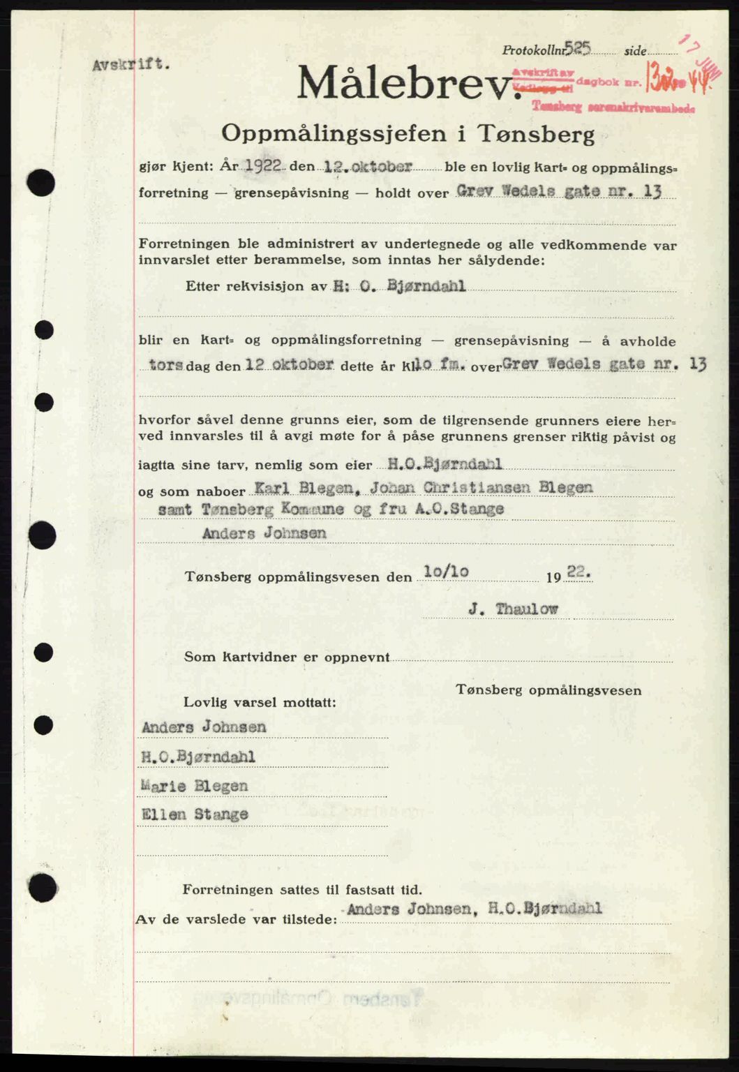 Tønsberg sorenskriveri, AV/SAKO-A-130/G/Ga/Gaa/L0015: Mortgage book no. A15, 1944-1944, Diary no: : 1302/1944