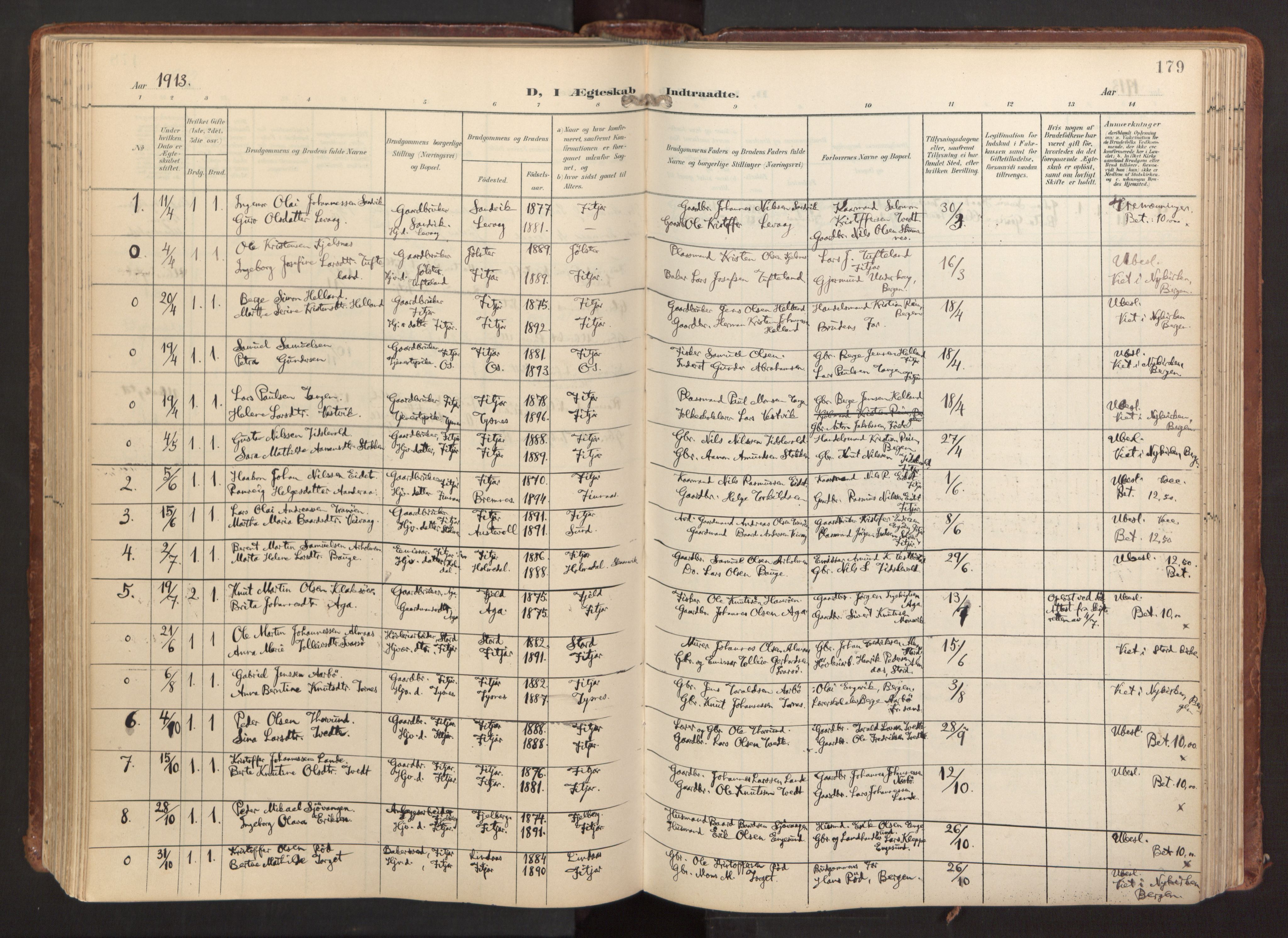 Fitjar sokneprestembete, SAB/A-99926: Parish register (official) no. A 3, 1900-1918, p. 179