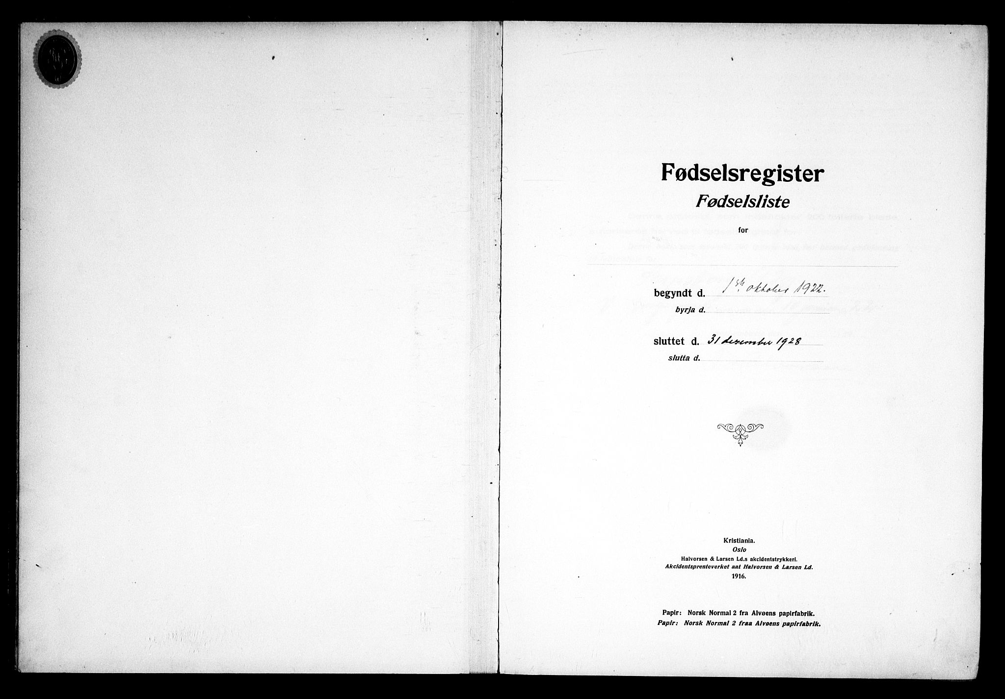 Sarpsborg prestekontor Kirkebøker, SAO/A-2006/J/Ja/L0002: Birth register no. 2, 1922-1928