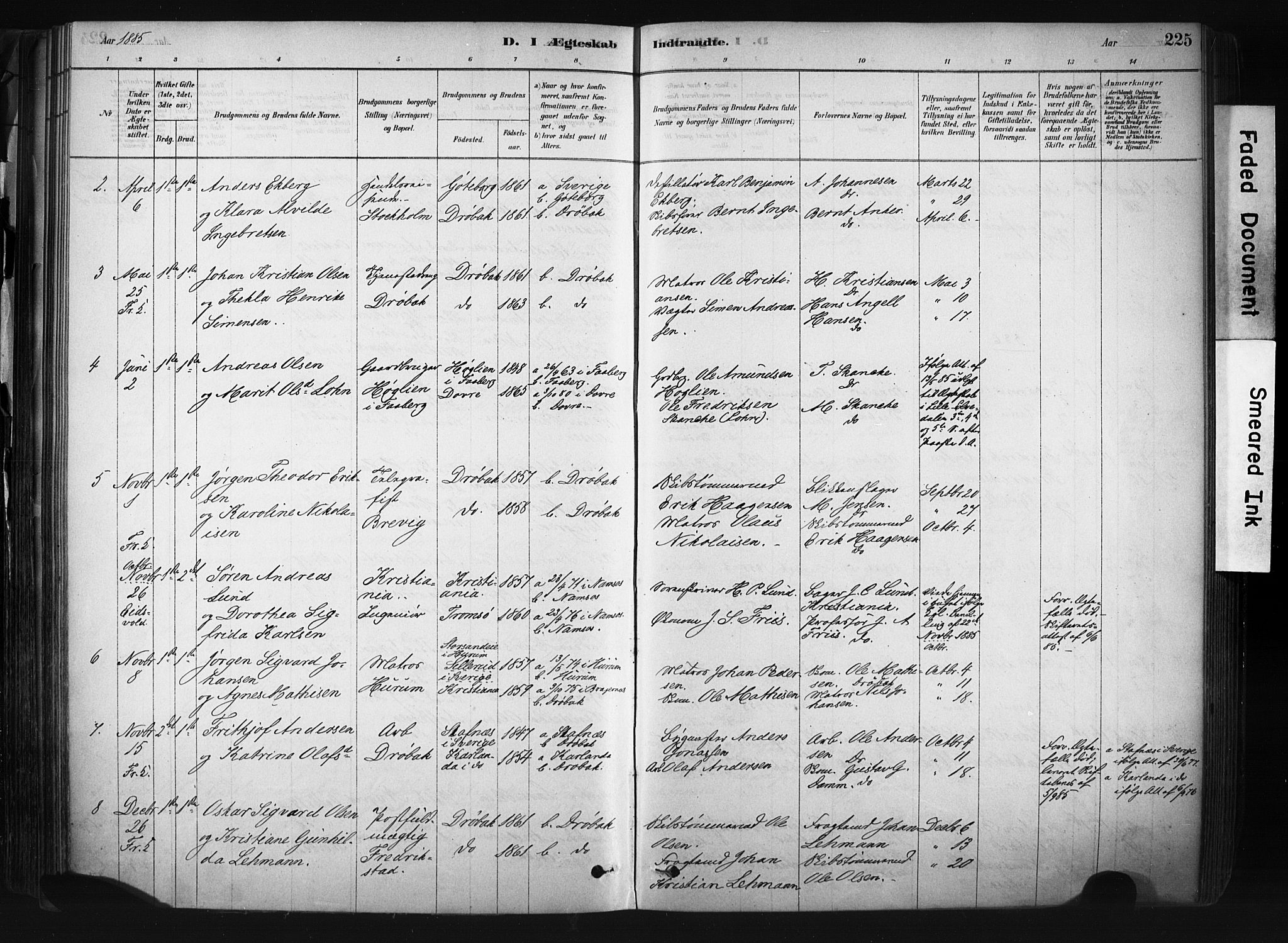 Drøbak prestekontor Kirkebøker, AV/SAO-A-10142a/F/Fb/L0001: Parish register (official) no. II 1, 1878-1891, p. 225