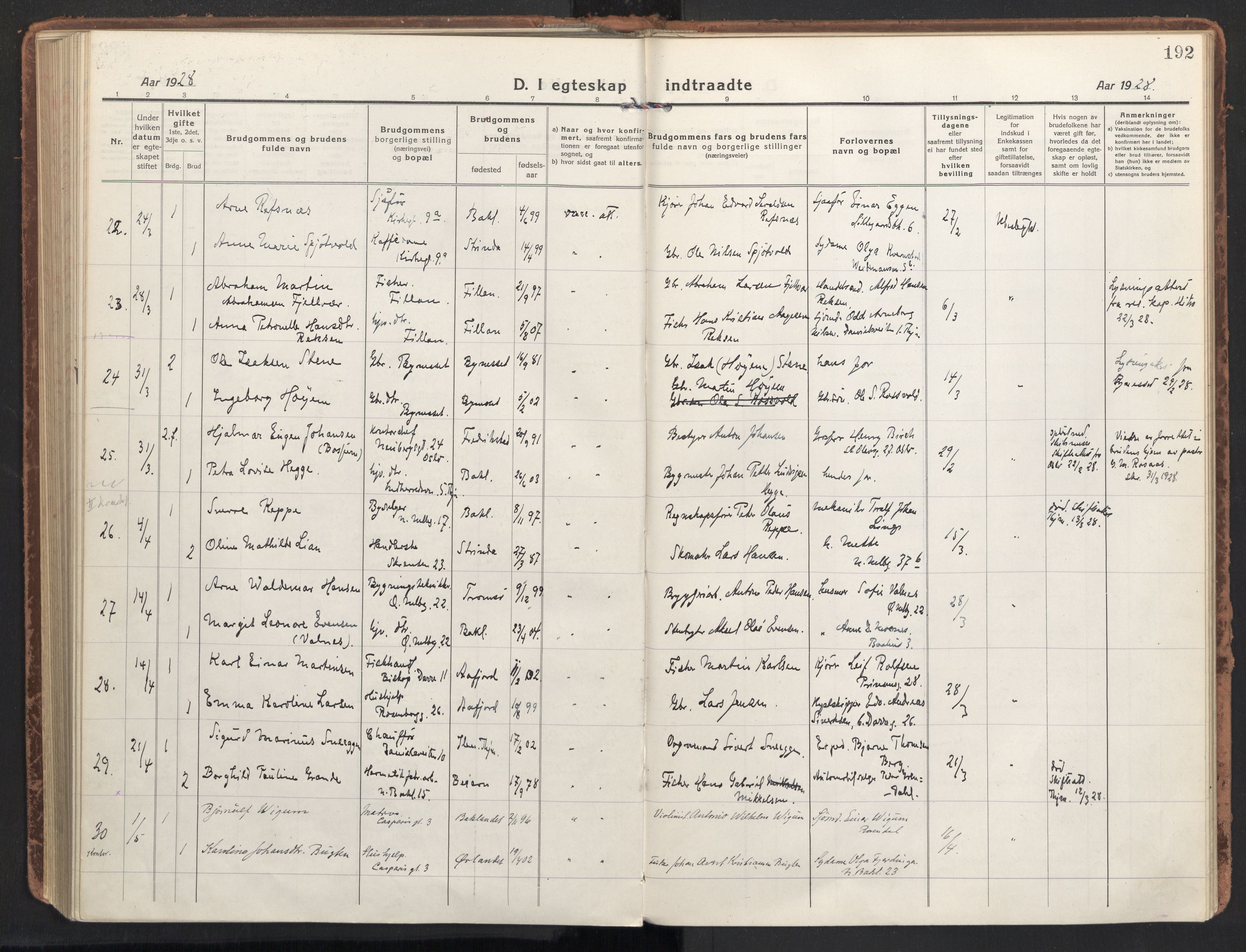 Ministerialprotokoller, klokkerbøker og fødselsregistre - Sør-Trøndelag, AV/SAT-A-1456/604/L0206: Parish register (official) no. 604A26, 1917-1931, p. 192