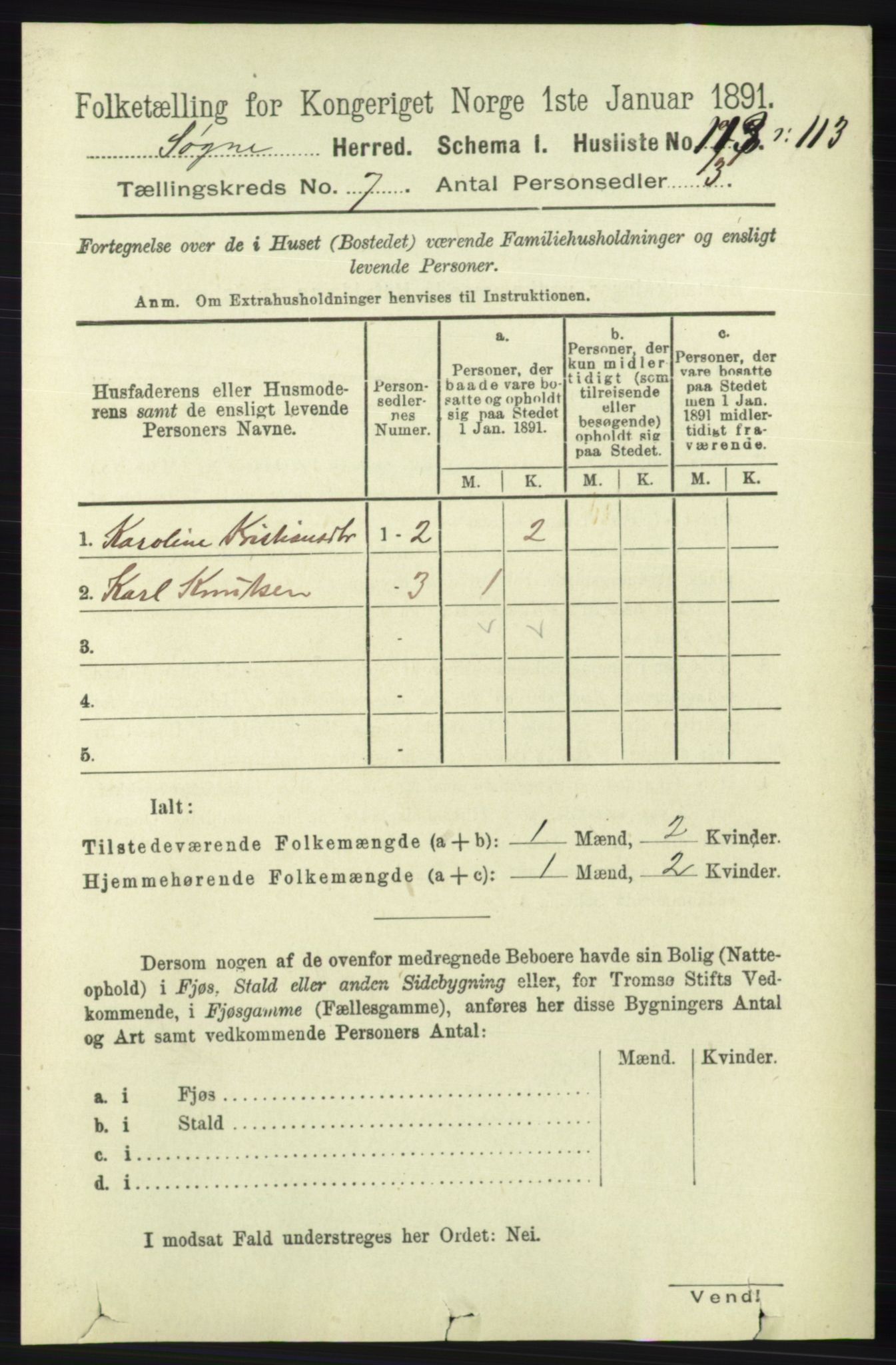 RA, 1891 census for 1018 Søgne, 1891, p. 1536