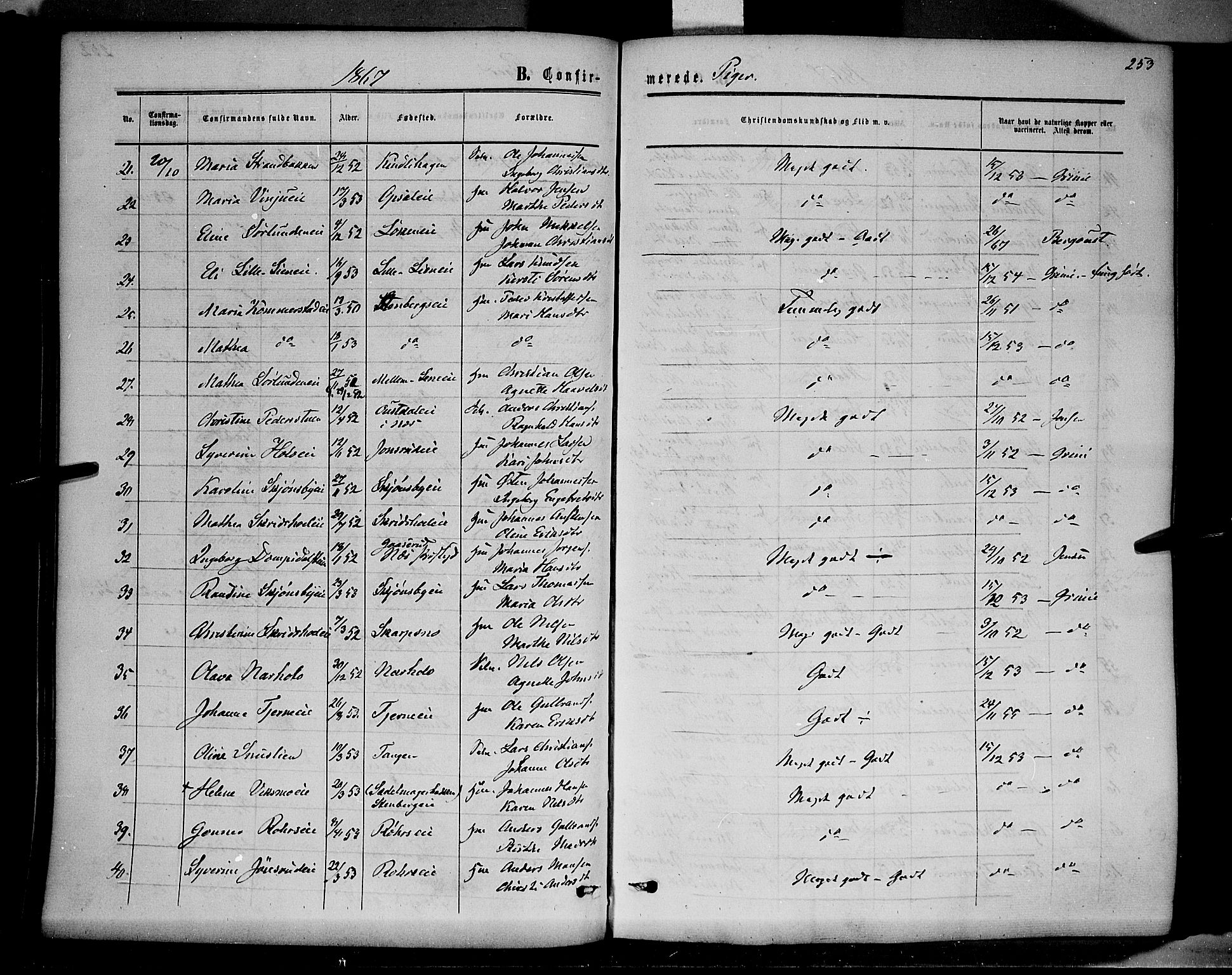 Ringsaker prestekontor, AV/SAH-PREST-014/K/Ka/L0010: Parish register (official) no. 10, 1861-1869, p. 253