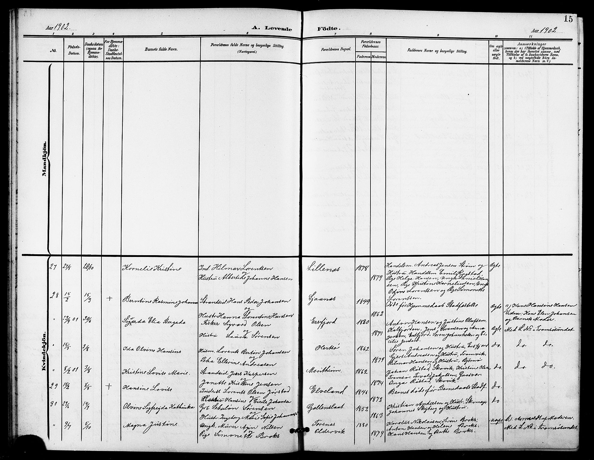 Lenvik sokneprestembete, AV/SATØ-S-1310/H/Ha/Hab/L0022klokker: Parish register (copy) no. 22, 1901-1918, p. 15