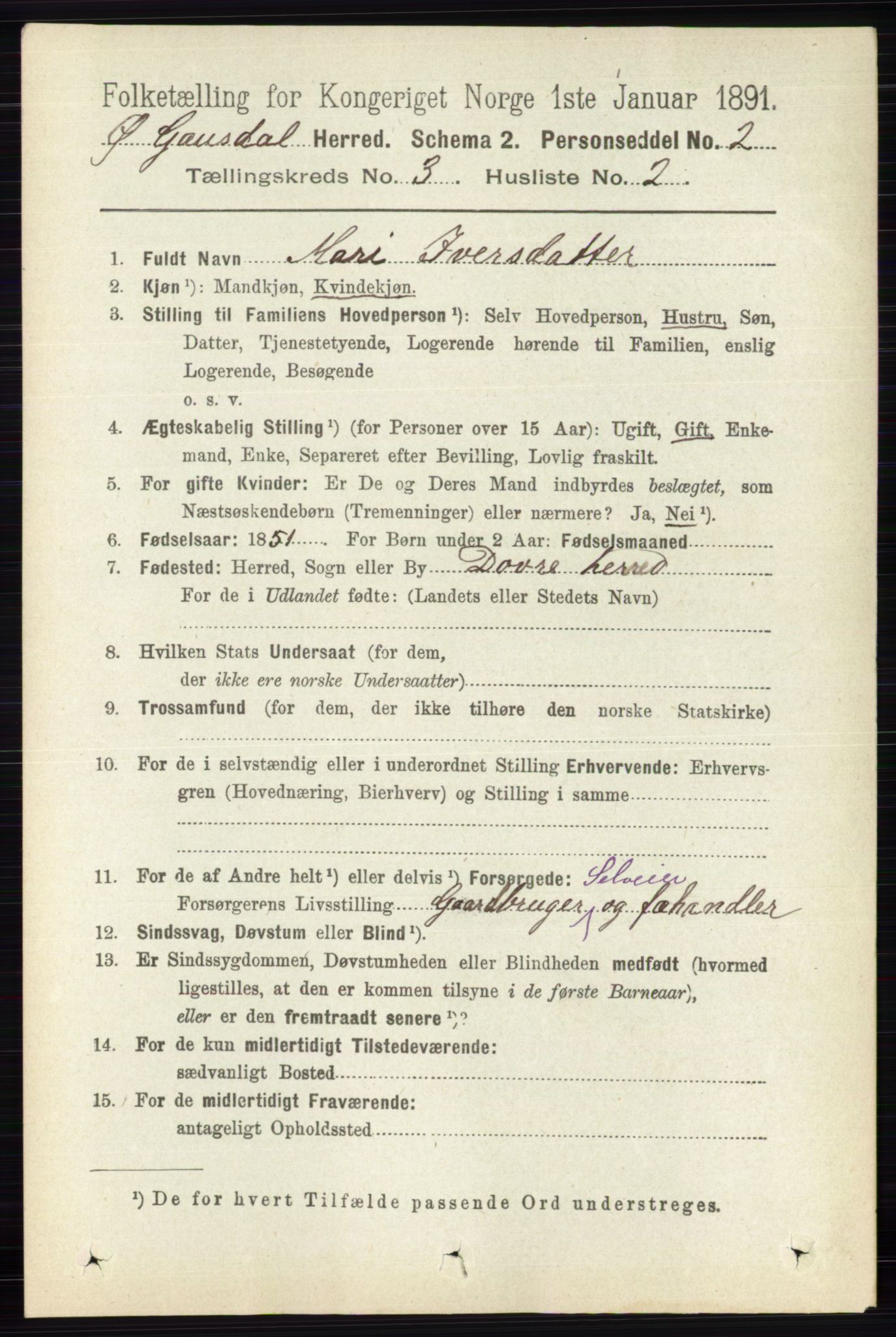 RA, 1891 census for 0522 Østre Gausdal, 1891, p. 1722