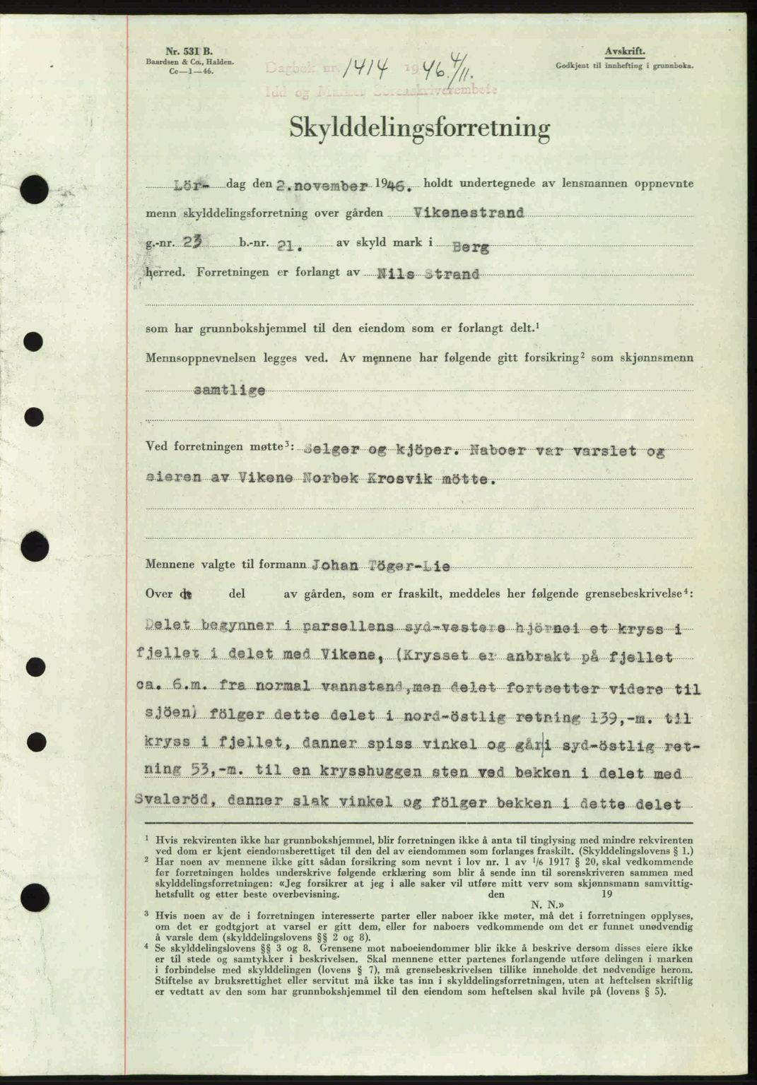 Idd og Marker sorenskriveri, AV/SAO-A-10283/G/Gb/Gbb/L0008: Mortgage book no. A8, 1946-1946, Diary no: : 1414/1946