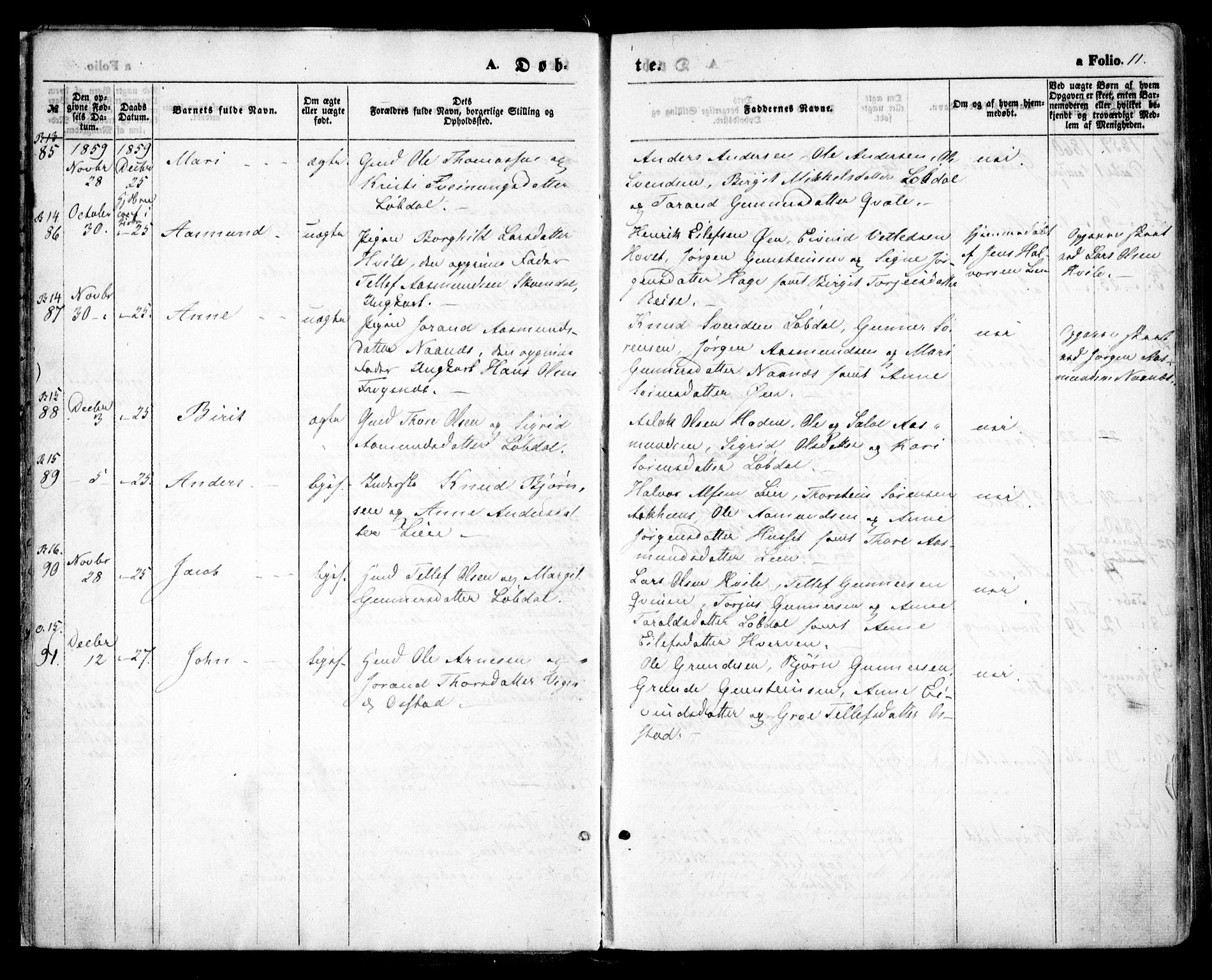 Bygland sokneprestkontor, AV/SAK-1111-0006/F/Fa/Fab/L0005: Parish register (official) no. A 5, 1859-1873, p. 11