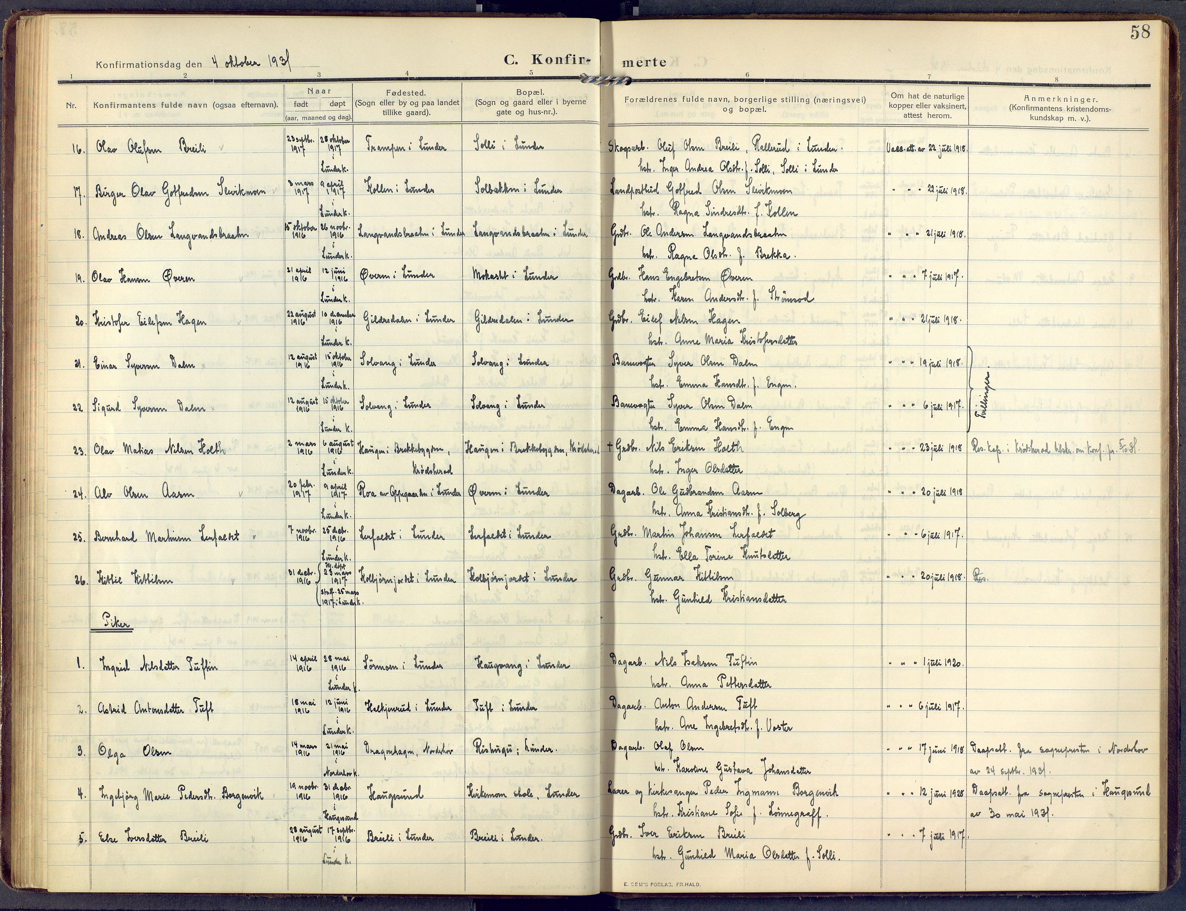 Lunder kirkebøker, AV/SAKO-A-629/F/Fa/L0002: Parish register (official) no. I 2, 1906-1947, p. 58