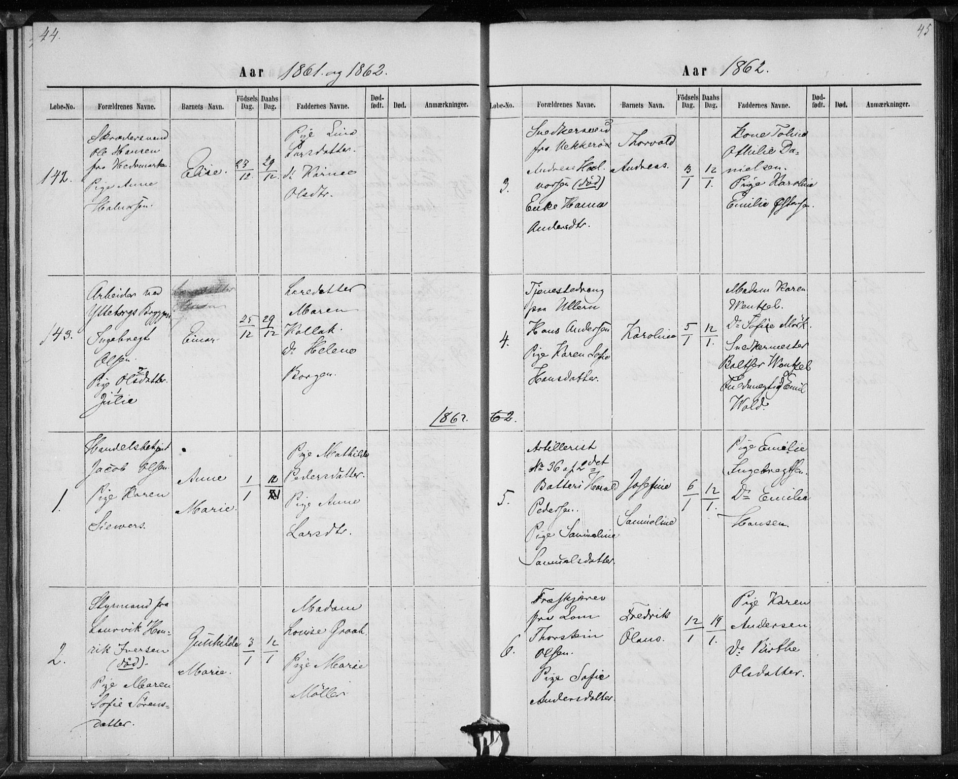 Rikshospitalet prestekontor Kirkebøker, SAO/A-10309b/K/L0002/0002: Baptism register no. 2.2, 1860-1868, p. 44-45